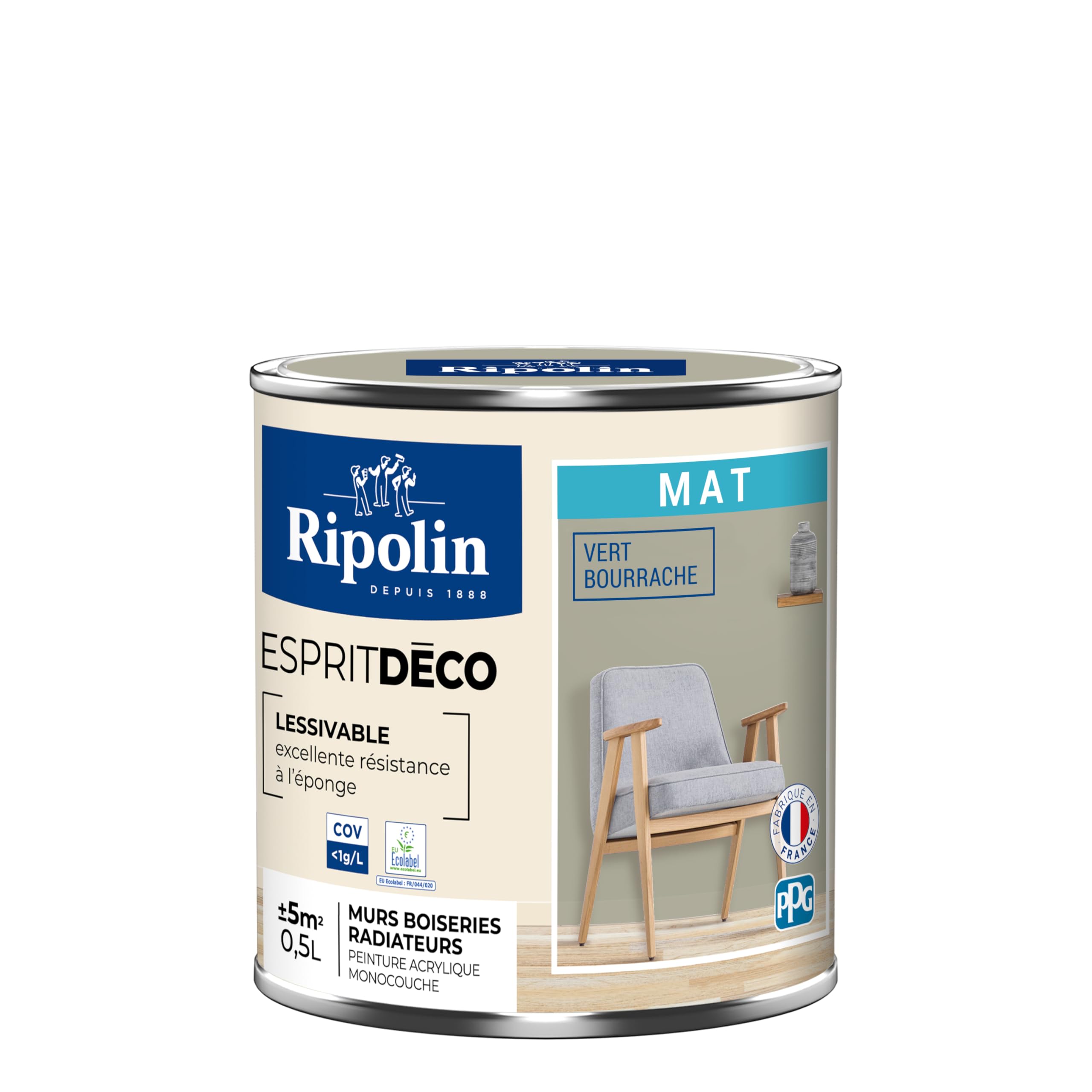 RIPOLIN - Peinture Intérieure Multi-​Supports – Murs, Boiseries et Radiateurs – Ultra Couvrante – Lessivable – Application Facile – Ecolabel - Aspect Mat - 0.5L - Vert Bourrache