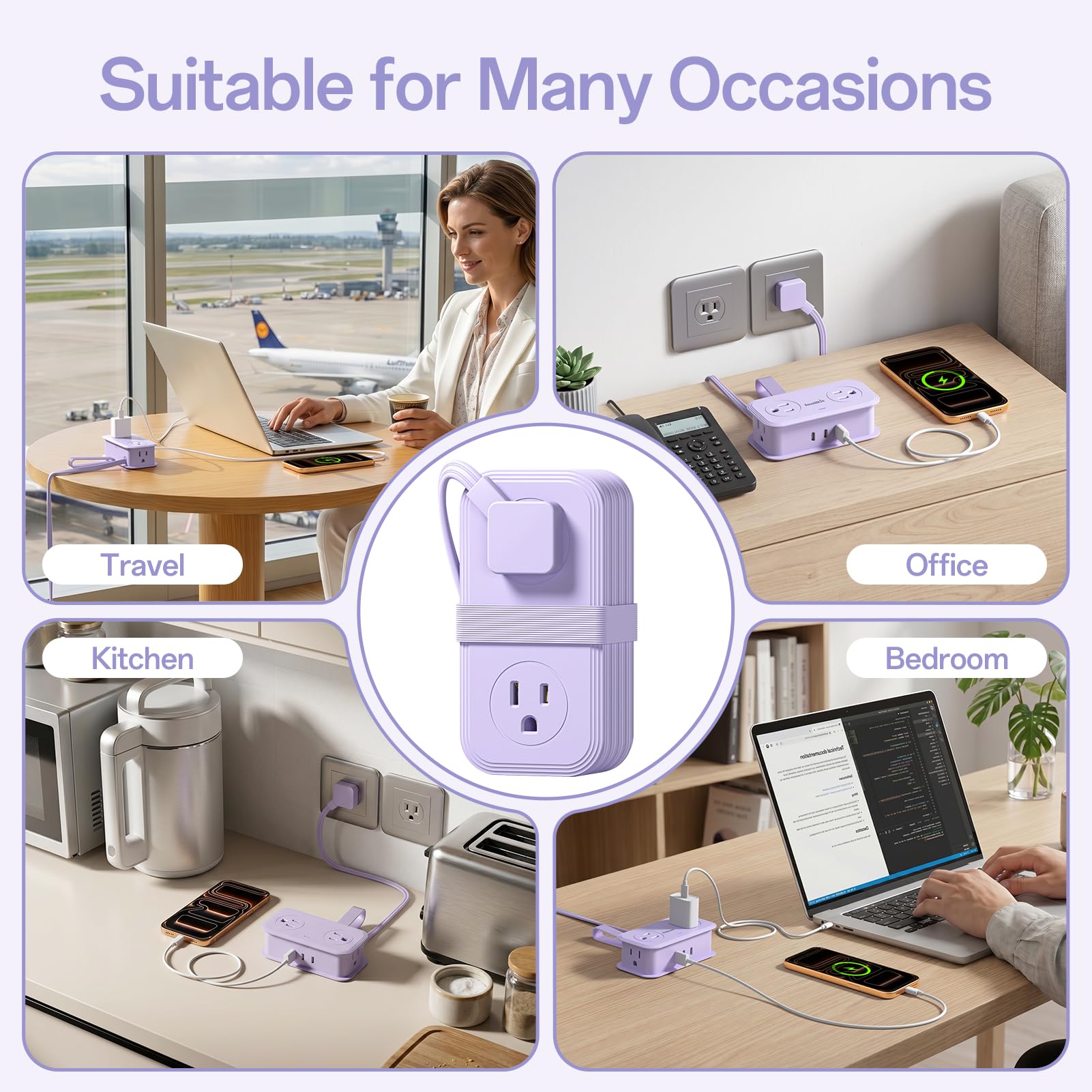 SMALLRT Tragbare Mehrfachkontakt-Steckdosenleiste, 7-in-1, 2 Stück, Flachstecker mit aufgerolltem Kabel, 0,98 m, elektrische Verlängerung mit 3 USB (2 USB C) für Reisen, Hotel, Kreuzfahrt, Violett