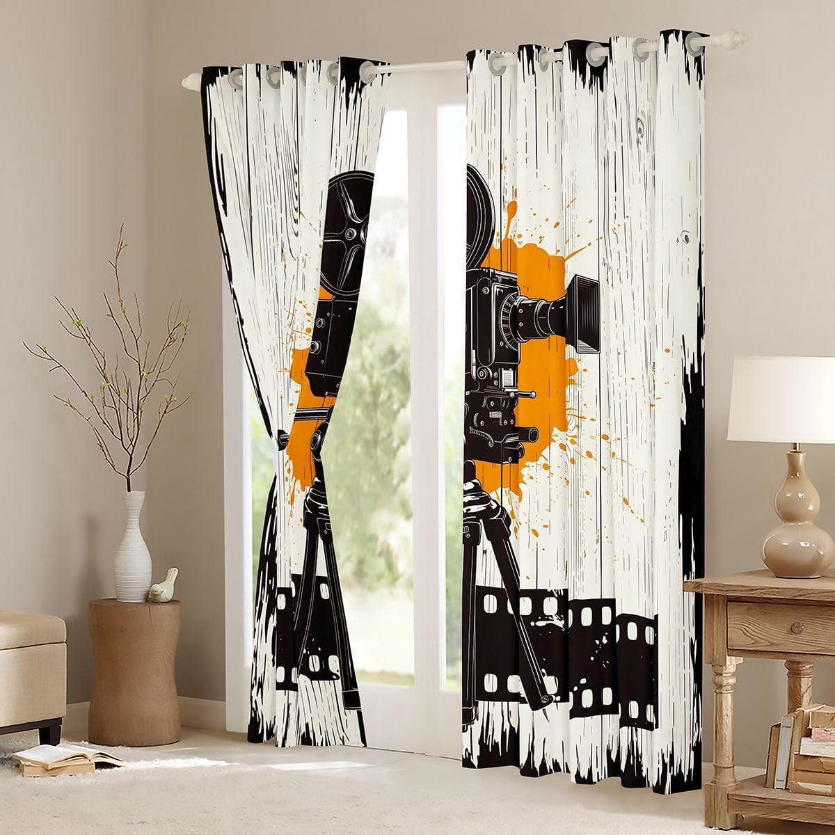 Erosebridal Movie Theater Blackout Curtains 38" Wx45 L, 2 Panels Camera Darkening Curtains Vintage Film Board Window Treatments Window Drapes for Bedroom Retro Tripod Cinema image 4