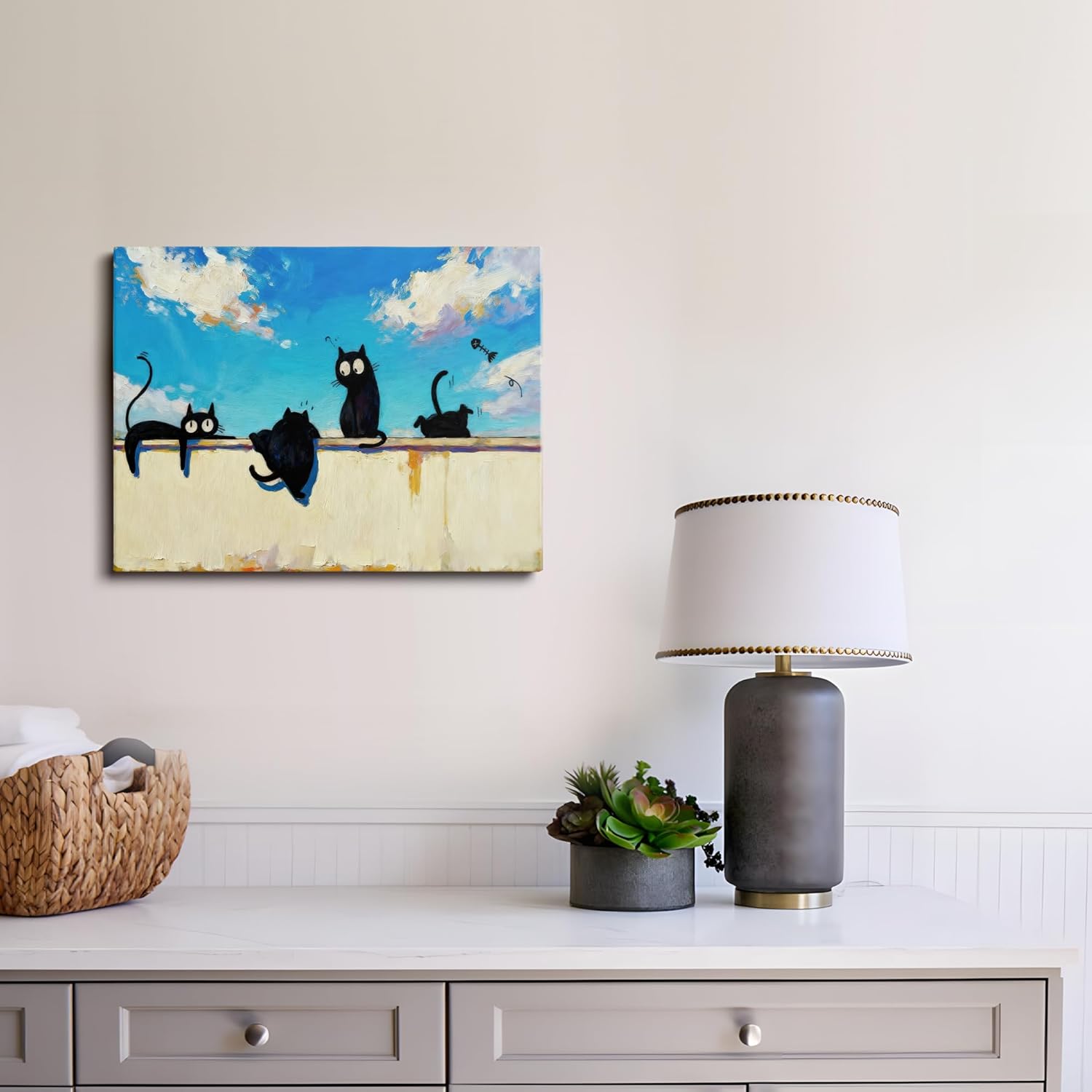 TimAsh Framed Cat Wall Art Print, Four Black Cats on a Wall, Whimsical Animal Painting, Colorful Sky Background Home Decor, Ready-to-Hang Kitty Art for Living Room & Bedroom 12" x 16"