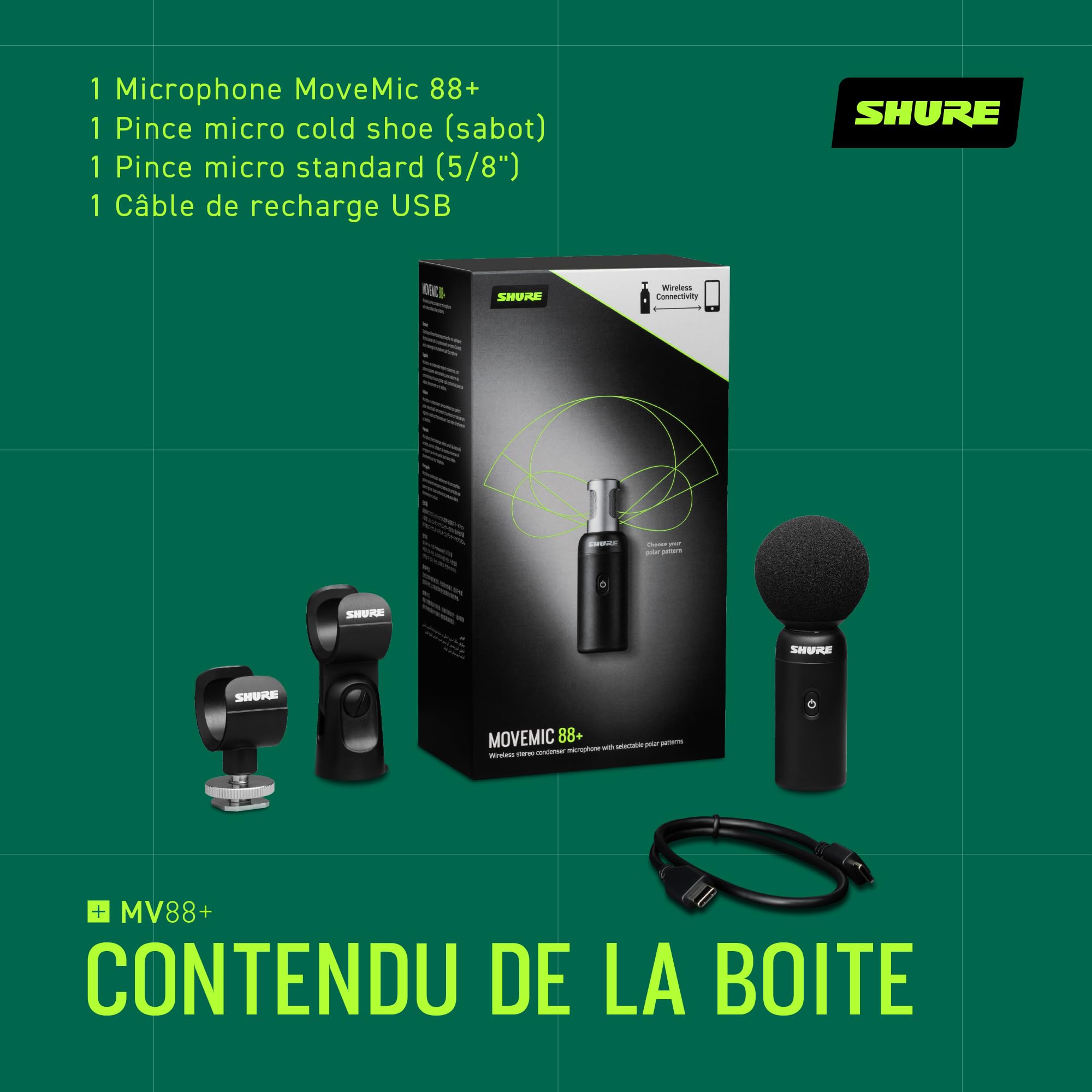 Shure MoveMic 88+ Micro Stereo sans Fil - Enregistreur Audio Professionnel pour Film/Enregistrement sur Le Terrain, interviews, 4 directivités | Compatible avec iOS/Android Via Les Applications Motiv
