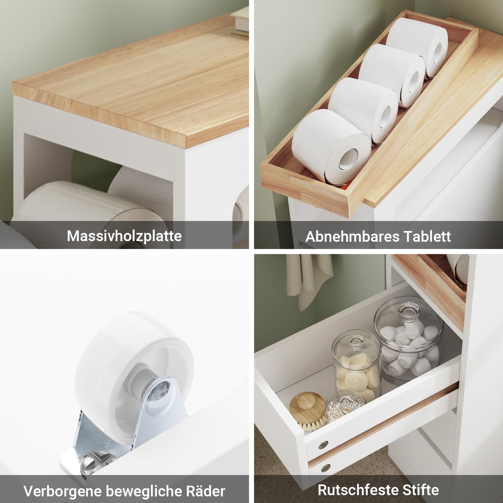 SoBuy Badezimmerschrank Schmal Badschrank mit 3 Schubladen Nischenschrank Holz für kleine Bäder WC & Küche Toilettenschrank Beistellschrank, Weiß 65x23x82cm BZR54-II-W
