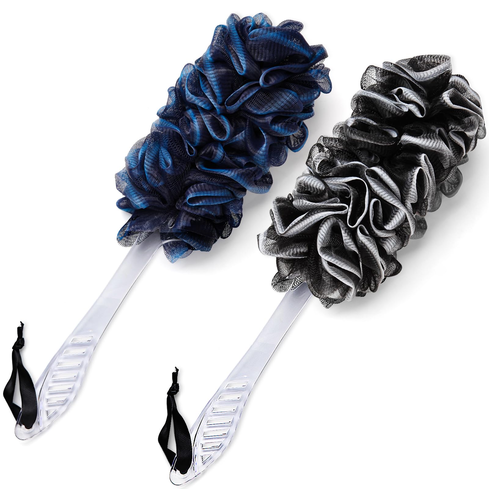 2Pack Loofah Sponge, Qewro Dual-Sided Loofah on a Stick Exfoliating Body with Long Handle, Body Scrubber for Back use in Shower with Loufas or Lufa for Men Women (2Pack Black and Navyblue)