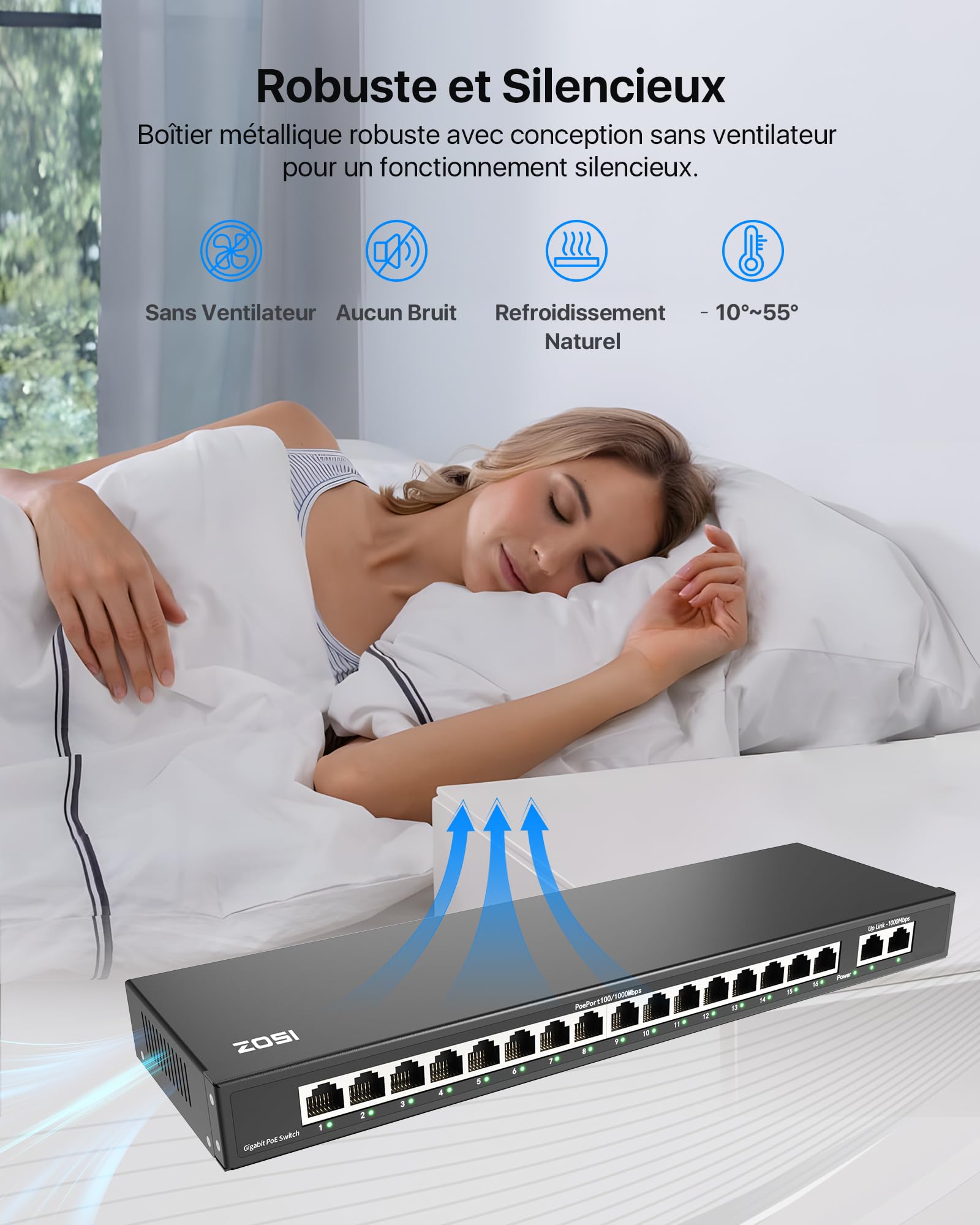 ZOSI 16 Ports PoE Switch Commutateur Gigabit avec 2 Ports Uplink Gigabit | 156W pour 16 Ports PoE+, IEEE802.3af/at, Commutateur Ethernet Non Géré, Plug & Play, Boîtier Métal Robuste