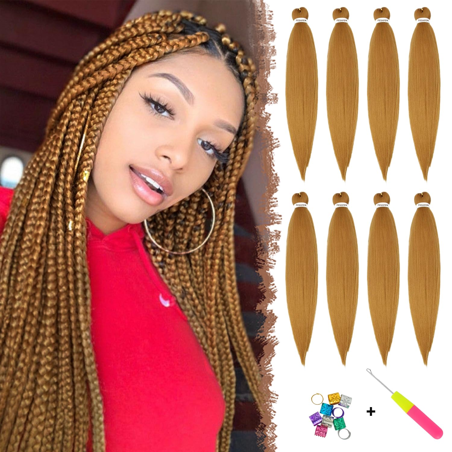 FESHFEN Extensiones para Trenzas Africanas 8 Piezas Pre Stretched Braiding Extensiones de Cabello Trenzado Sintetico Twist Crochet Braid Extensión Pelo Postizo rubia fresa, 66 cm