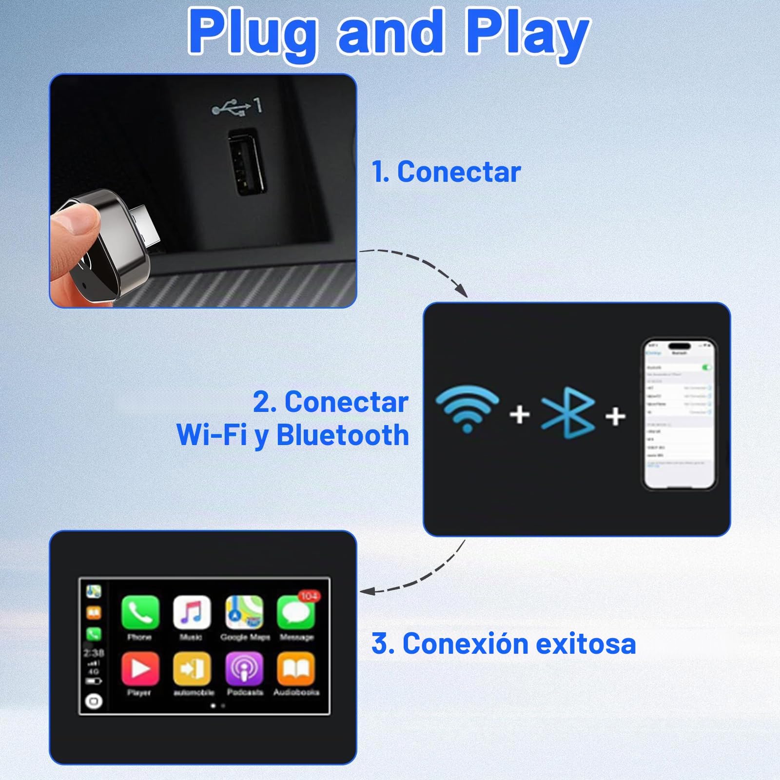 Mini Adaptador Carplay Android 2 en 1 Inalámbrico para iPhone/Android Plug and Play Convierte de Cableado a Inalámbrico Adaptador Car Play Compatible con iPhone iOS 10+