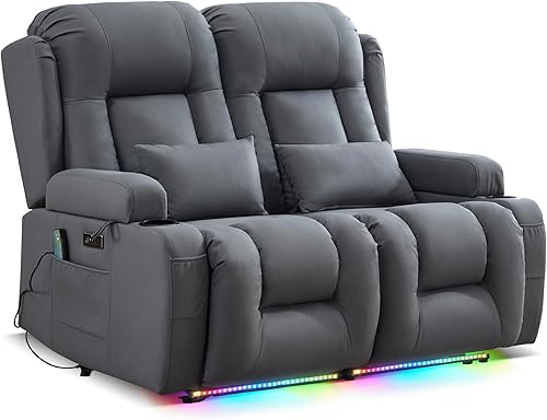 Miniatura 34 de URRED Sofá reclinable de dos plazas con masaje y calor, sofá biplaza reclinable eléctrico con consola, asiento de cine en casa con luces LED,
