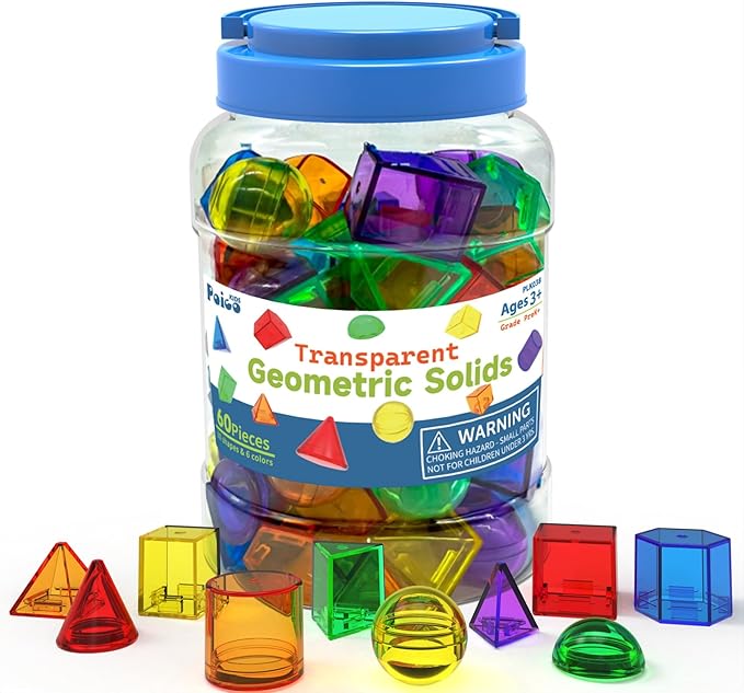 EXBEPE 3D Geometric Solids 60 Pcs for Kids Translucent Geometric Shapes for Geometry Beginnings, Light Table Manipulatives Toy Math Helper School Supplies