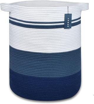 COMSE Extra Large Blanket Basket, Tall Laundry Basket, Nursery Hamper, 40 x 55 CM, Cotton Rope Woven Laundry Hamper for Storage Toys Clothes Towels, Gradient Blue