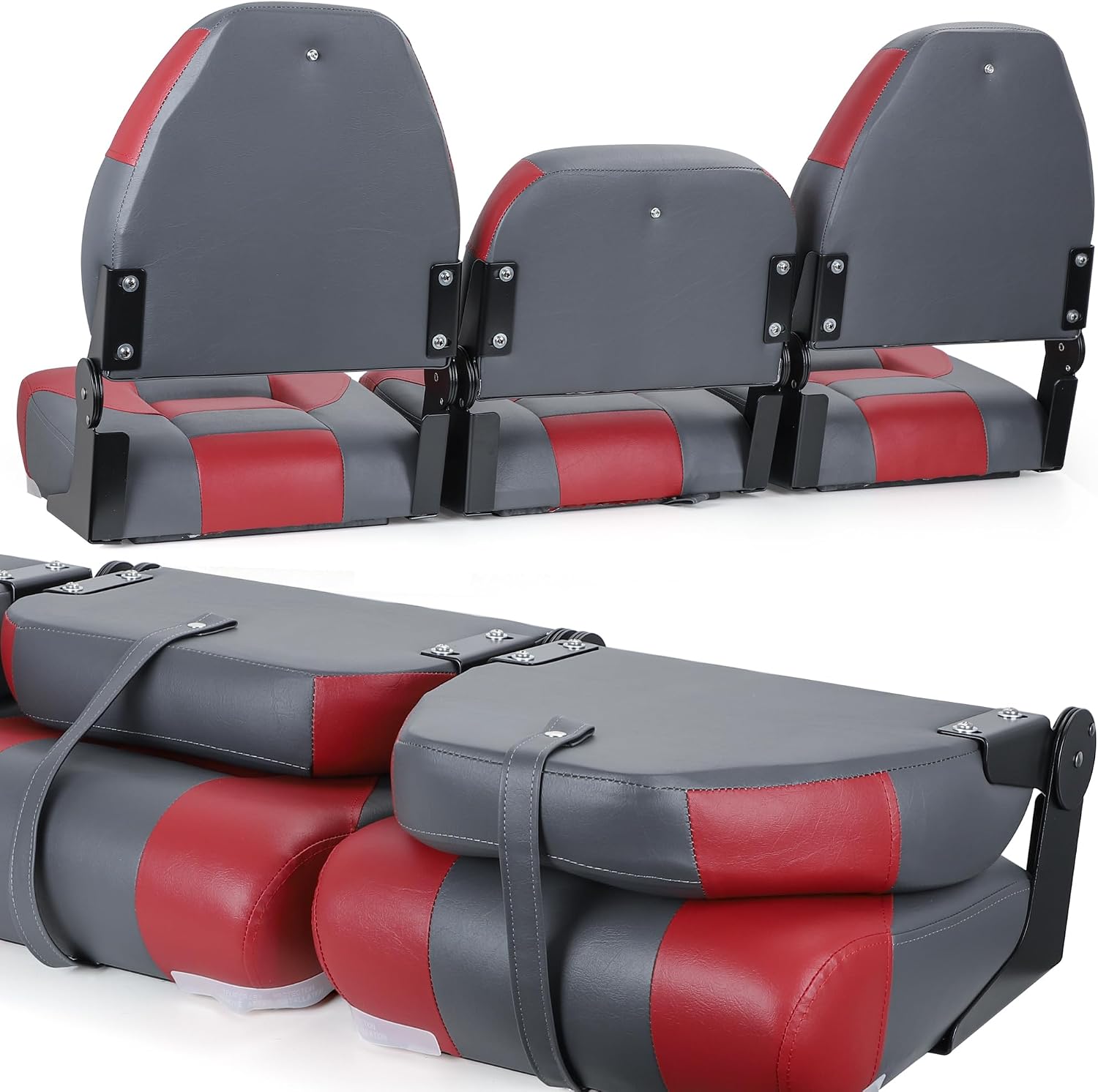 NORTHCAPTAIN Deluxe 52" Charcoal/Red Bass Boat Seat 3 Pack Folding Fishing Tracker Boat Seats,2 High-Back & 1 Low-Back Bass Boat Chairs w/Screws for Bass Boats & Fishing Boats