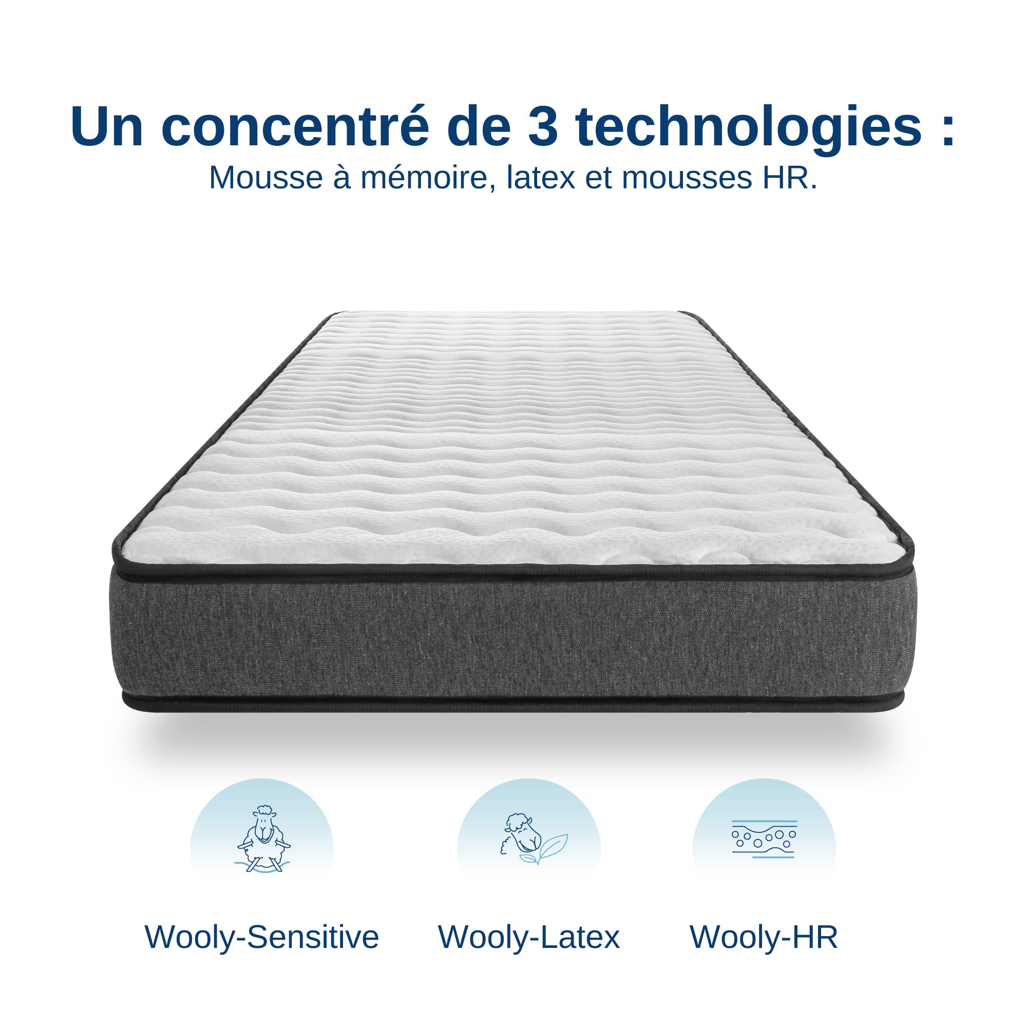 Wooly Matelas 90x200 15 cm Mousse à Mémoire de Forme Blue Latex Réversible Hypoallergénique 7 Zones Fabriqué Europe