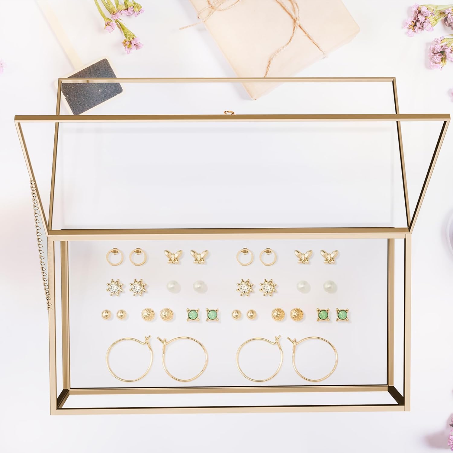 Hanna Roberts ガラスゴールドメタル チェーンとベルベットボトムジュエリーオーガナイザーボックス | 押し花用ダブルガラ