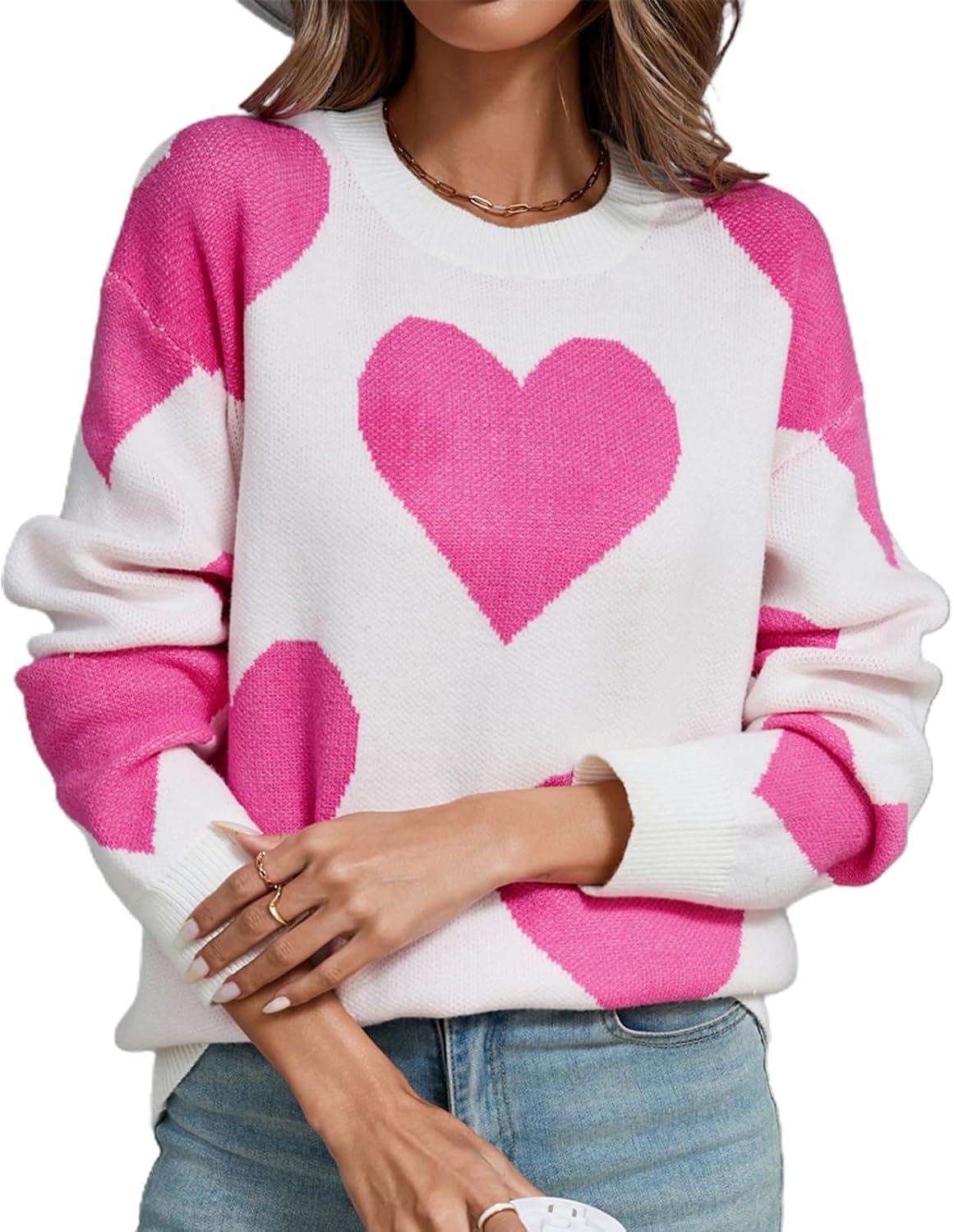 Hulpvktsgiq Heart Sweater for Women Valentine Cute Love Print Long Sleeve Crewneck Oversized Sweaters Y2K Knit Pullover Tops