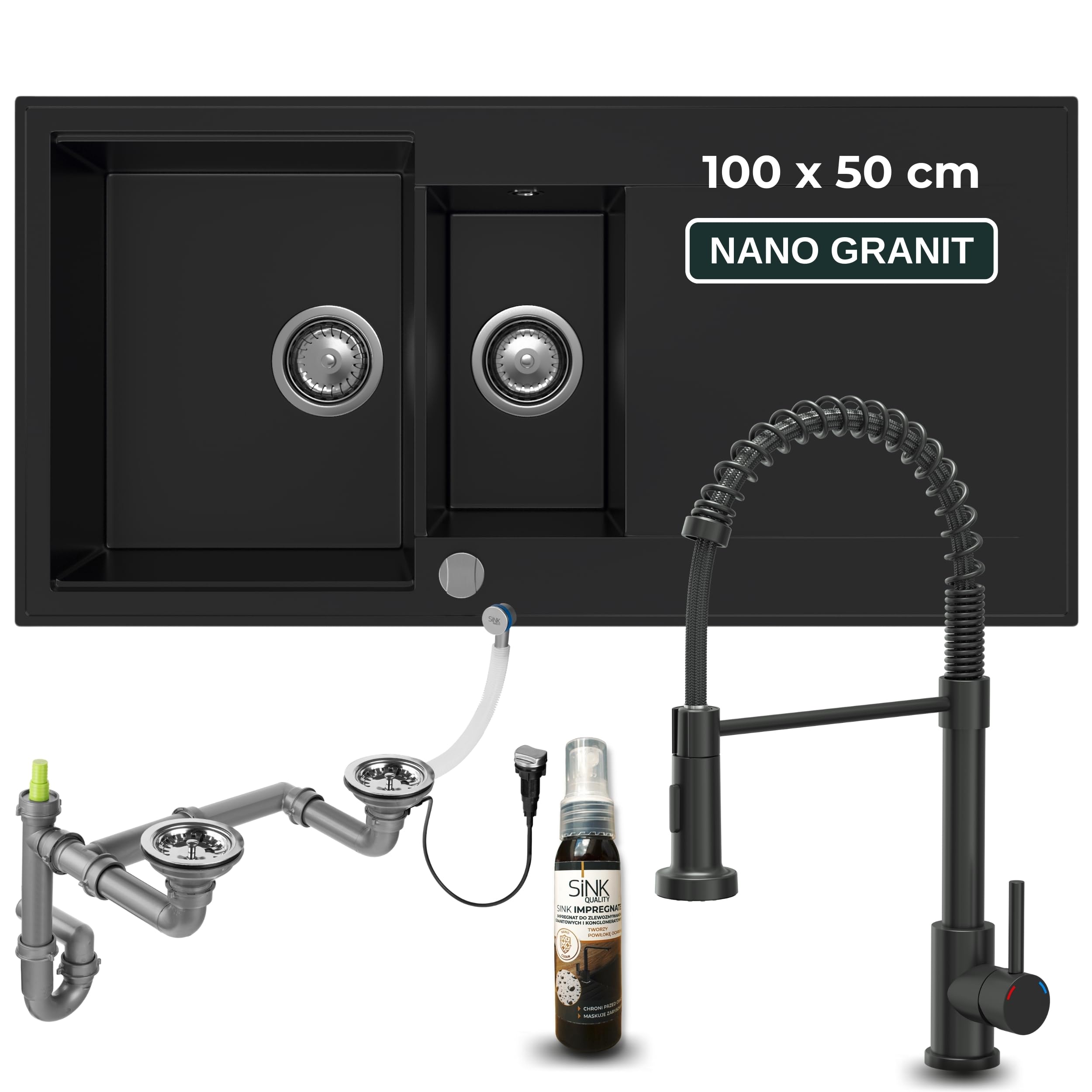 SINK QUALITY Évier de cuisine, en granit, noir, avec robinet, siphon et agent d'imprégnation, 100 x 50 cm, évier de cuisine à partir de 60 cm