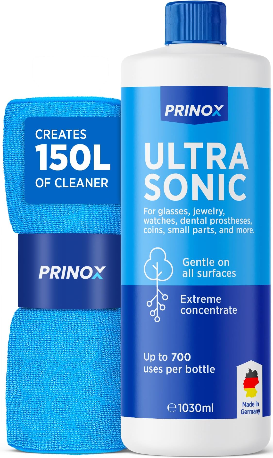 PRINOX® Ultrasonic Cleaner Concentrate 1030ml – Highly Efficient up to 700 uses – Jewellery Cleaner Solution for Jewellery, Glasses, Dentures & Small Parts – Compatible with All Ultrasonic Devices