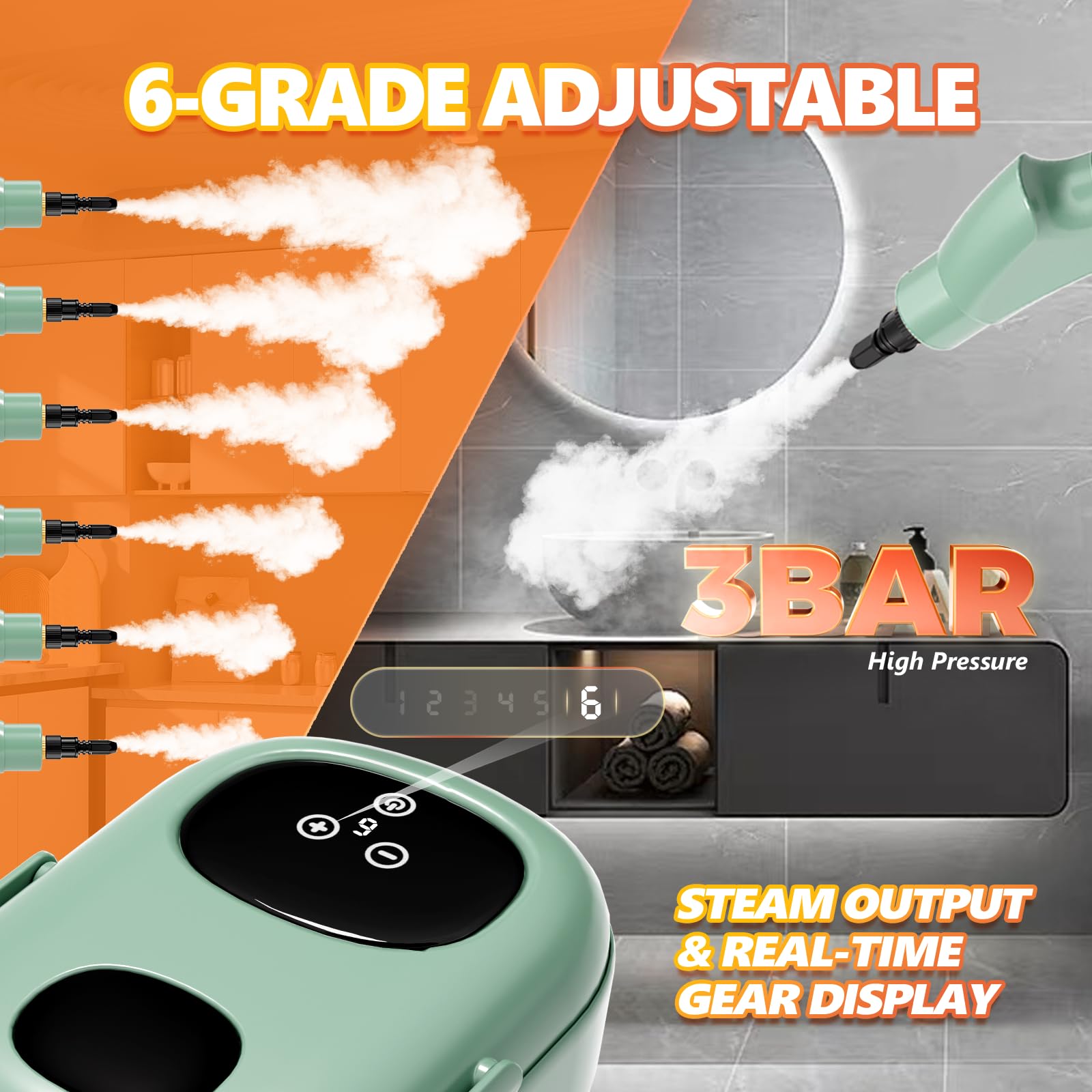 Dampfreiniger, Dampfreiniger Handgerät, 1.1L Wassertank, 15 Sekunden Aufheizzeit, Hochdruck Steam Cleaner, Dampfreiniger für Alles, Tragbarer Steamer für Auto, Küche, Badezimmer, Fliesen - Grün