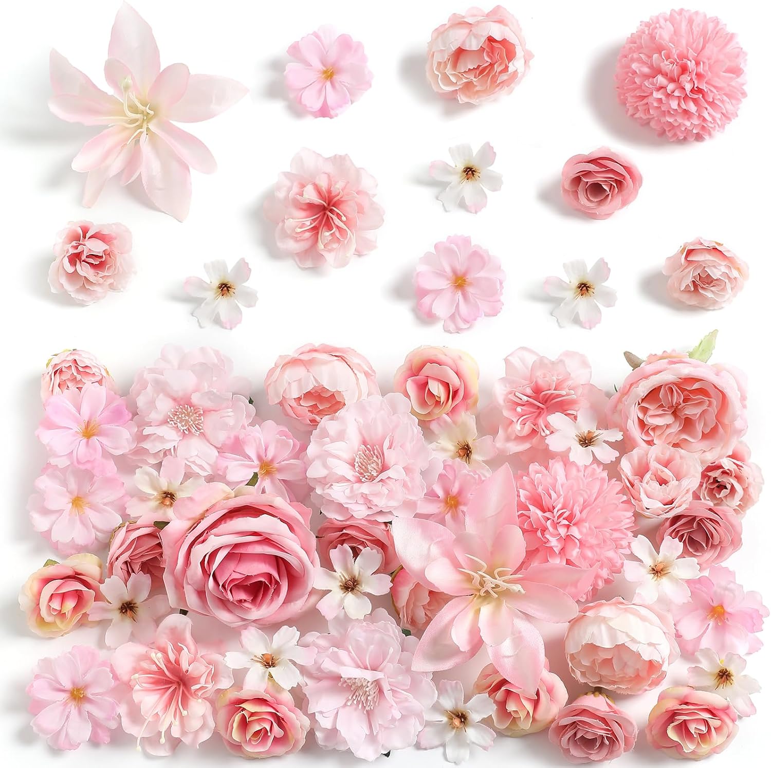 Fake Flower Heads for Crafts – Pink Silk Artificial Roses, Peonies, Daisies & Mini Floral Heads Bulk (48-Pack) for Wedding Decor, Graduation Cap, Cake Topper, Baby Shower, Home Decoration