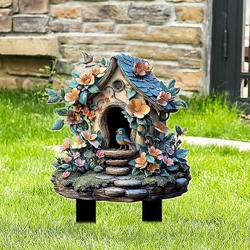 Rural Houses Garden Stake Decor, Acrylic 2D Flat Flower Statue, Fairy Sculptures Ornament Indoor Outdoor Yard Lawn Pot Plant Decorative Blue-Flower House