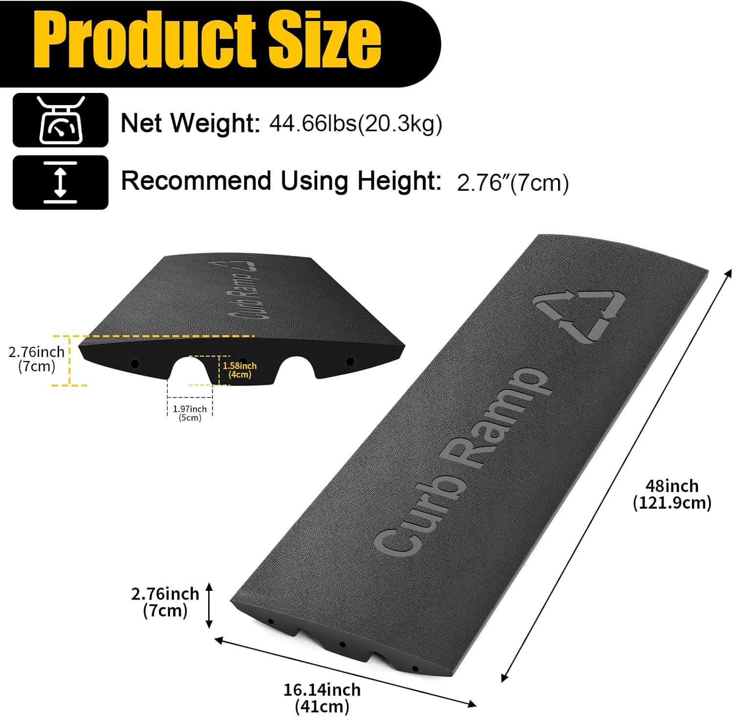 All Black Rubber Driveway Ramps 66139lbs Capacity Low Profile Car Threshold Ramp Curbside Bridge Ramps for Loading Dock, Garage, Sidewalk, Truck, Scooter, Motorcycle & Wheelchair 1 Pack