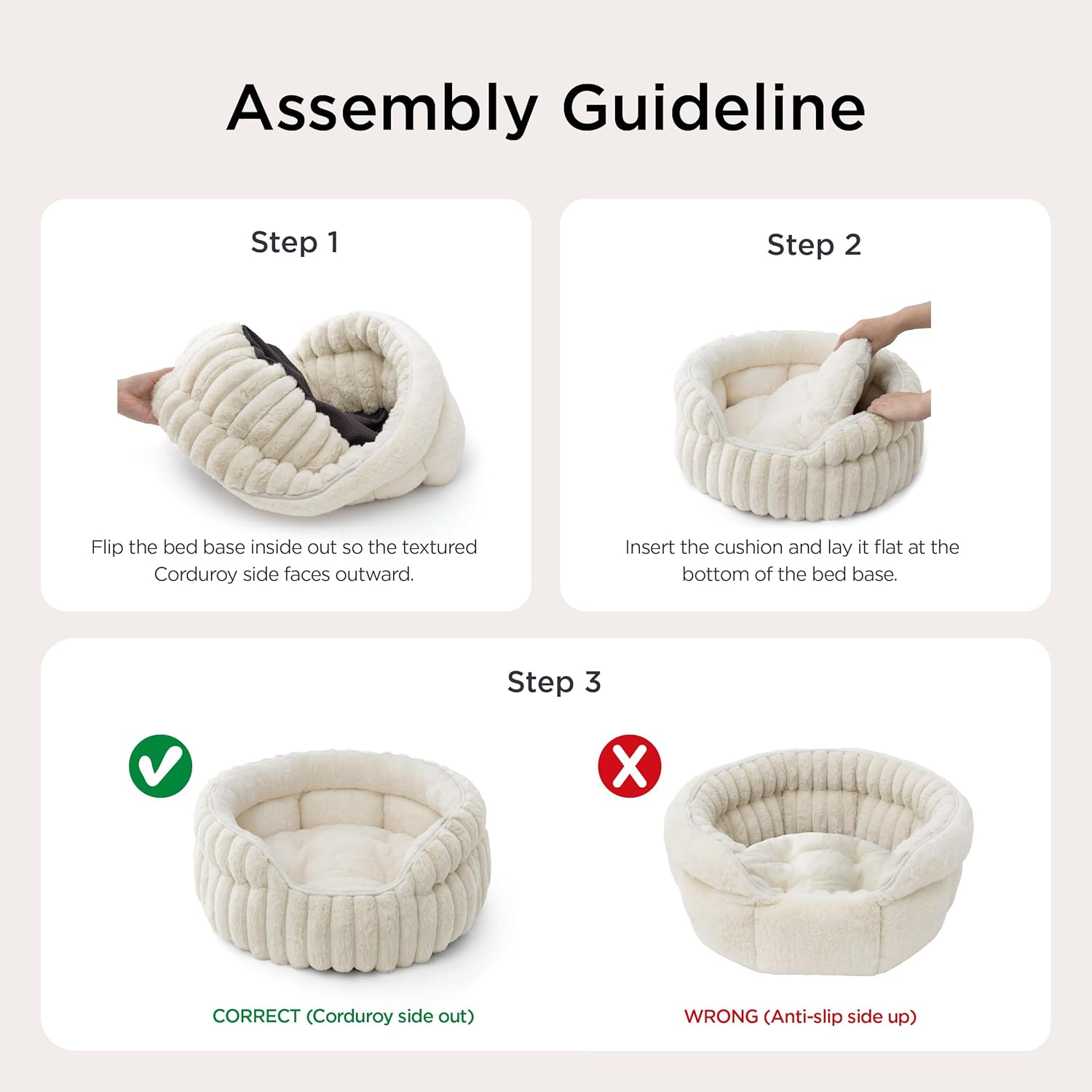Bedsure ComfyFleece™ Cat Bed, Washable Round Cute Pet Beds for Indoor Cats, Super Soft Corduroy Kitten Bed with Anti-Slip Bottom, 20''x20''x8'', Cream