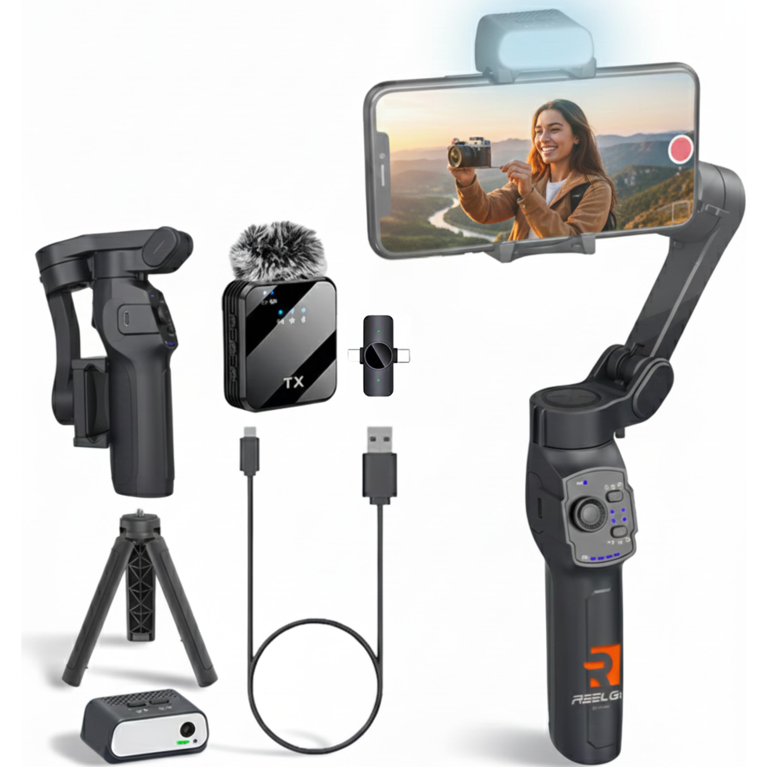 Studio Pro – Stabilisateur Smartphone 3 Axes avec Suivi IA, Éclairage LED, Micro-Cravate, Trépied Intégré & Batterie 13H | Gimbal compatible avec Iphone telephone Android | Kit Créateurs & Pros