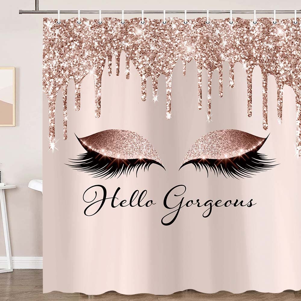 Bzhilja Hello Gorgeous Shower Curtain for Bathroom, Unicorn Eyelash Pink Grey Rose Gold Glitter Drips Bath Curtains, Waterproof Polyester Shower