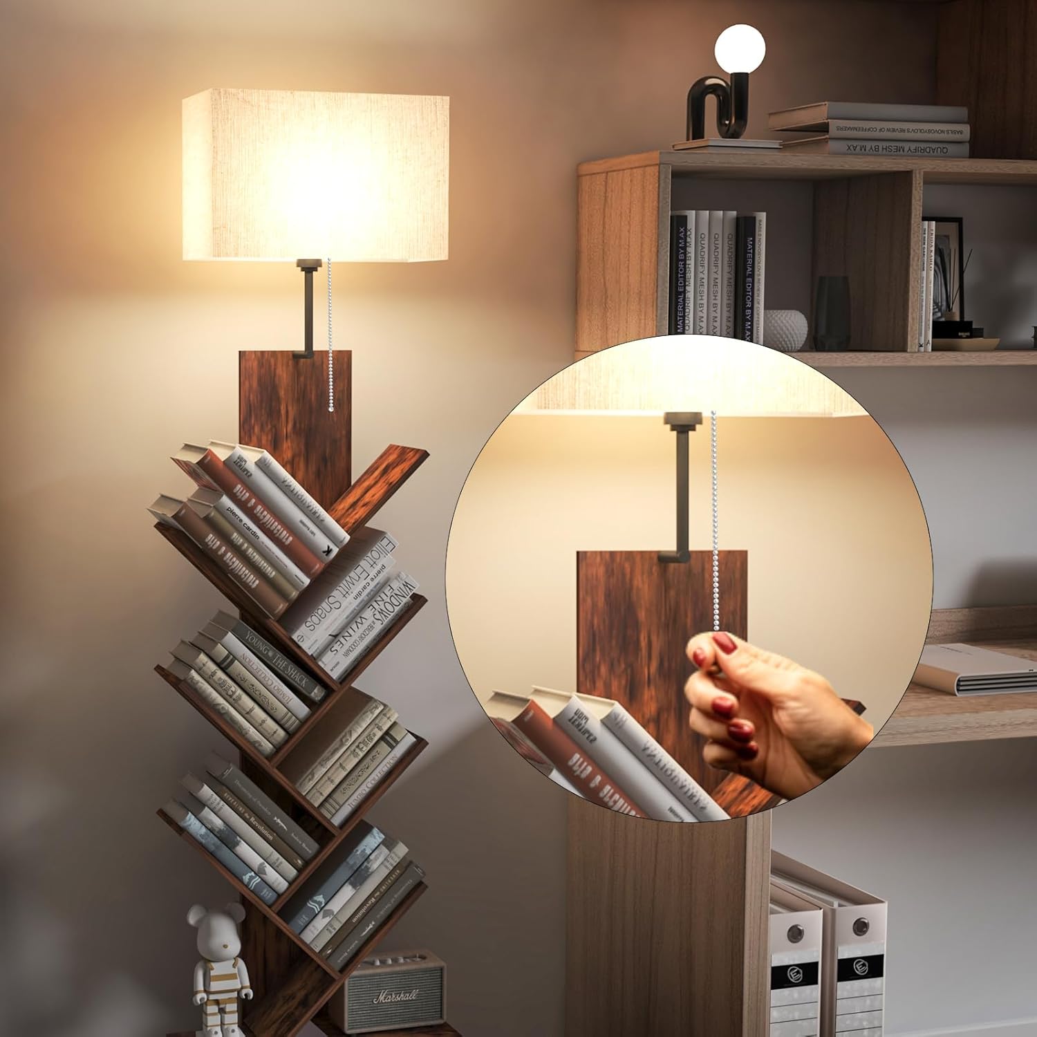 3-Tier Tree Bookshelf with 3-Color LED Lights, Small Narrow Tall Floor Standing Bookcase with Storage Organizer, Rustic Brown Book Shelf for Living Room, Bedroom, Home Office