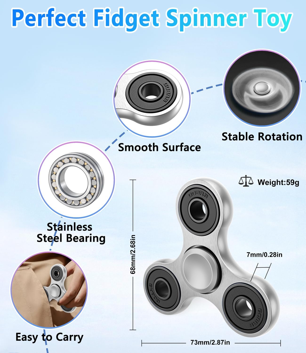 ATESSON Fidget Spinner Toy Ultra Durable Stainless Steel Bearing High Speed Spins Precision Metal Hand Spinner EDC ADHD Focus Anxiety Stress Relief Boredom Time Toys for Adults Kids