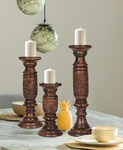 Miniatura 5 de Portavelas de pilar para velas de pilar, portavelas de madera, portavelas de granja para centro de mesa, portavelas rústico, juego de 3, (9, 12, 15