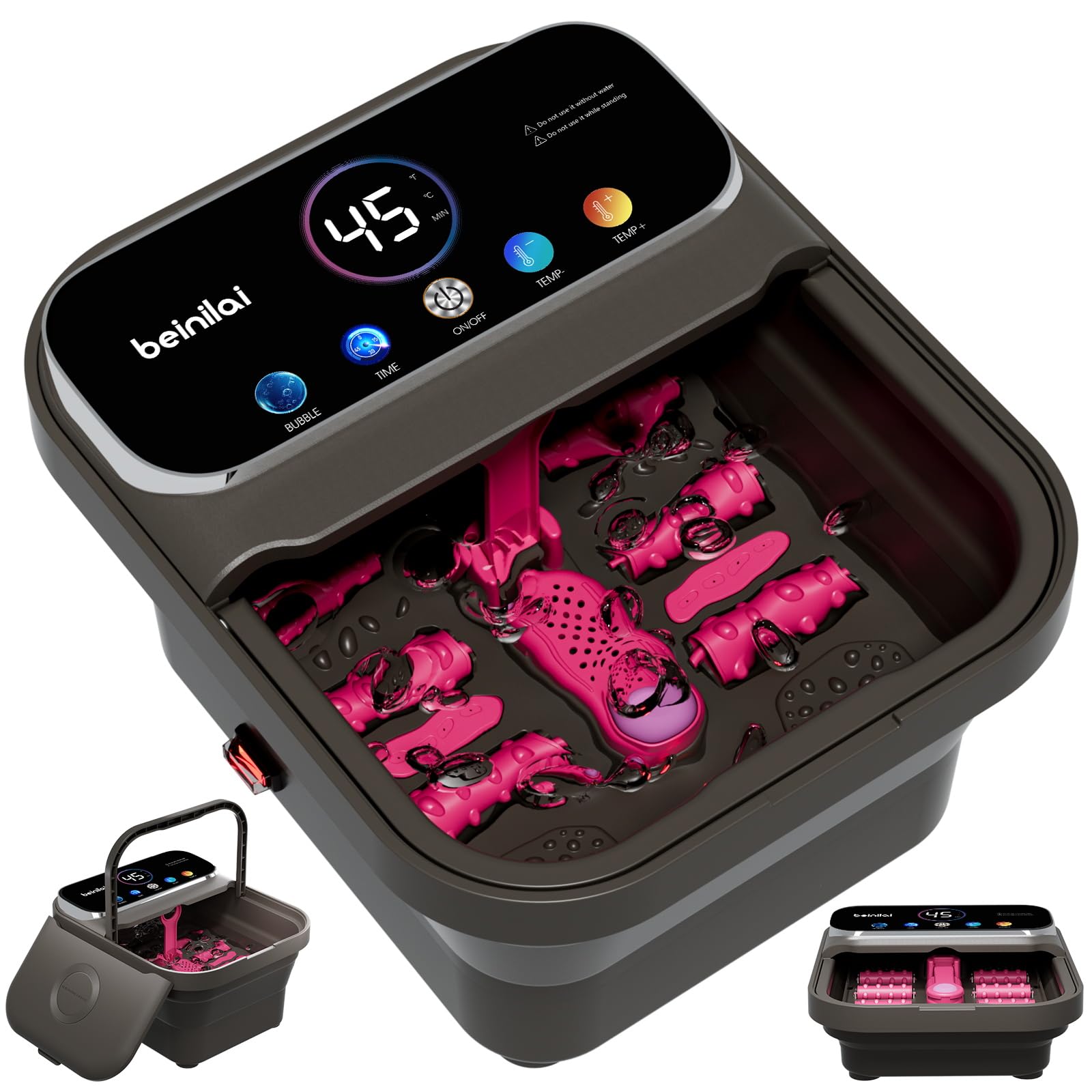 Beinilai Vasca idromassaggio pieghevole con display digitale e schermo a colori, controllo della temperatura e timer, pediluvio portatile con riscaldamento, 6 rulli massaggianti e bolle per rilassarsi