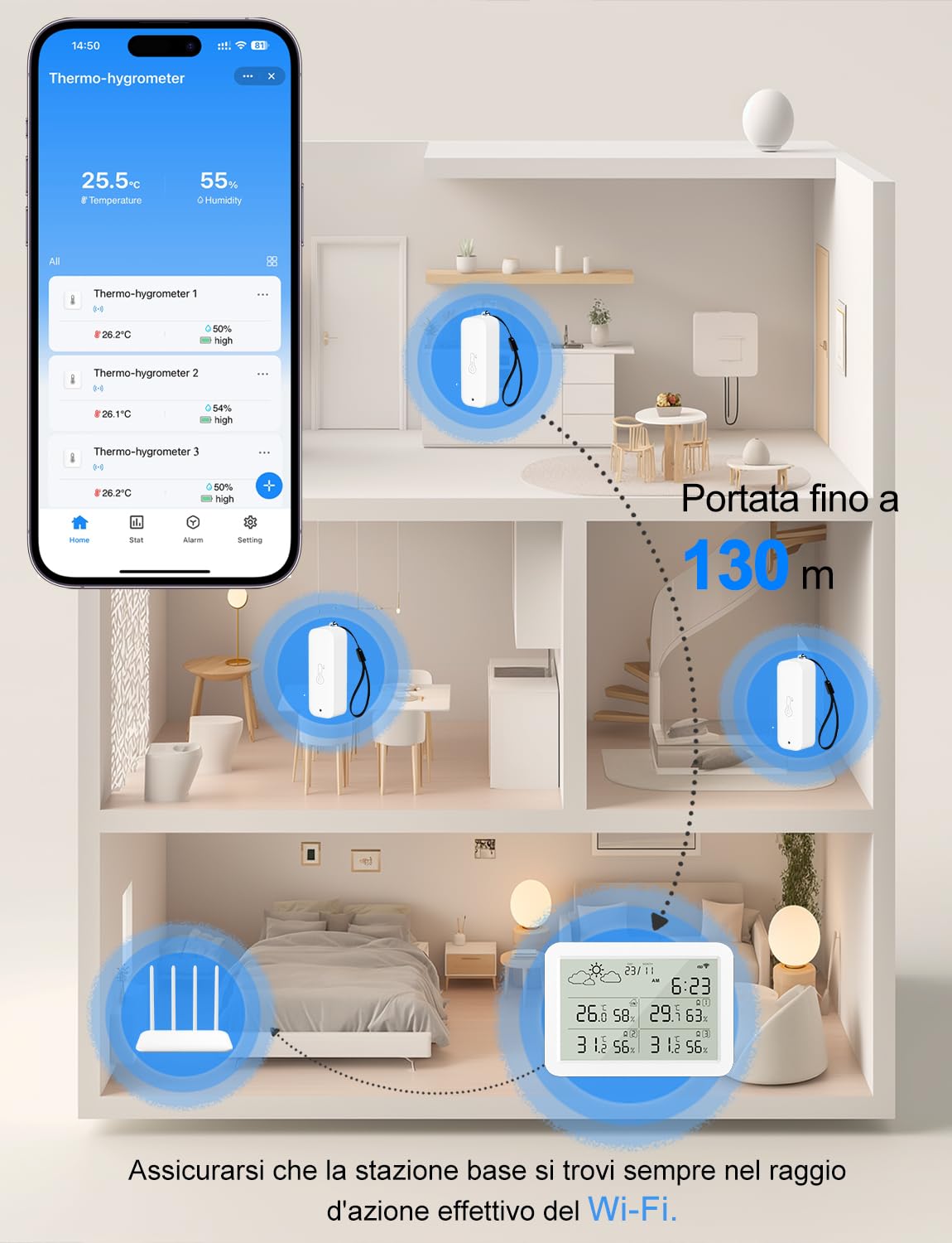 Termometro Igrometro WLAN per Interni ed Esterni con Display LCD, Sensore di Temperatura WiFi con App, Compatibile con Tuya/Smart Life per Cantina, Serra, 4 Sensori e 1 Stazione Base