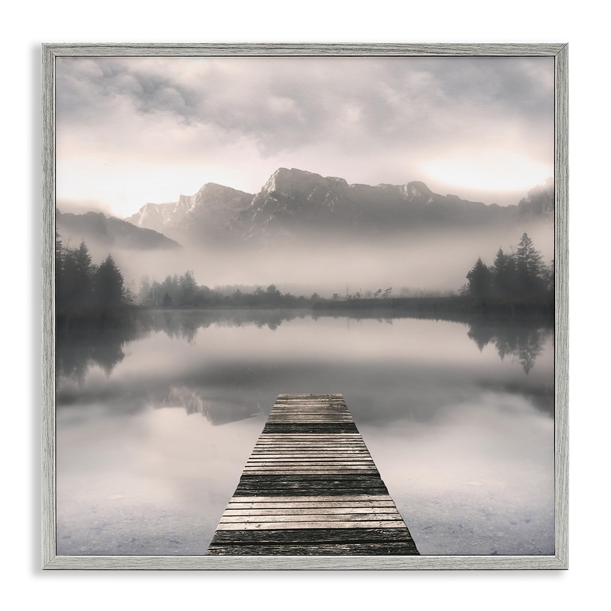 Stupell Industries Farmhouse Gray (Textured) 'Calm Reflective Waters & Mountains'| Framed Giclee Art