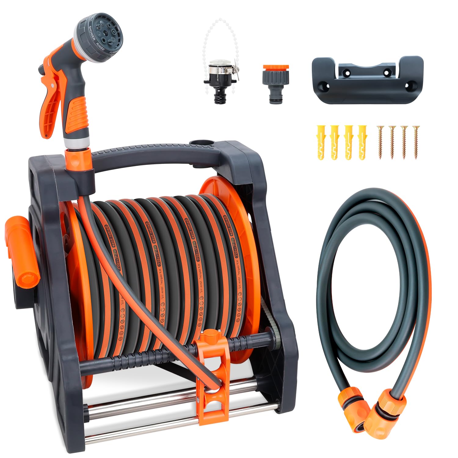 Garden Hose Reels with 30M Hosepipe, Portable Wall Mount or Free Standing Water Hose Pipe Reel Storage Holder, 1/2" Heavy Duty Anti-Kink Hose with Spray Gun for Gardening Watering