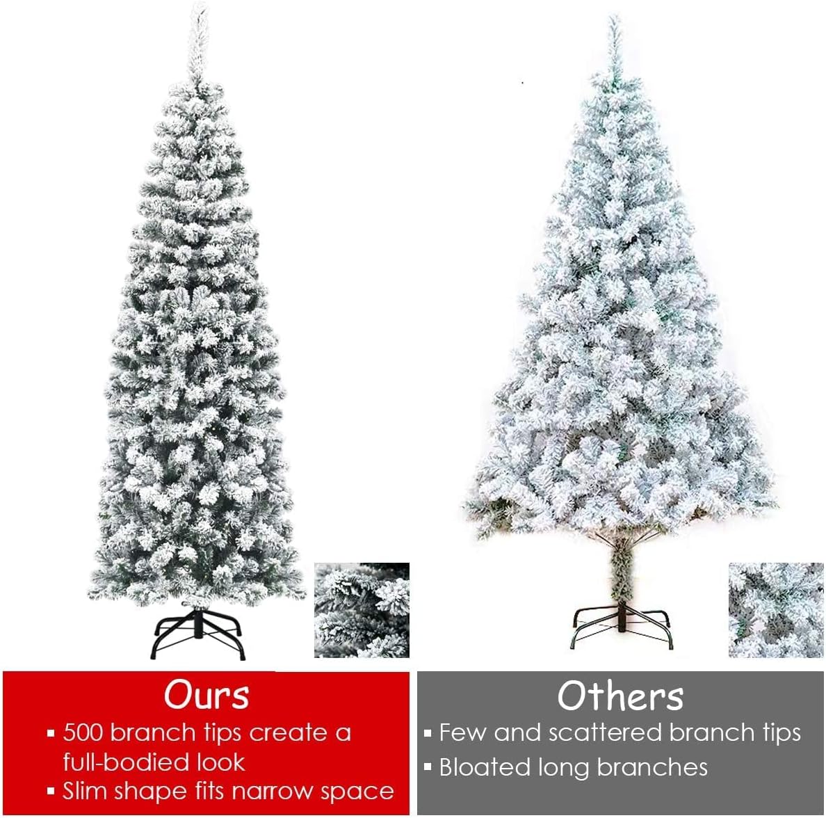 BANGTANE 6FT Artificial Snow Flocked Pencil Christmas Tree, Hinged Faux-Pine Xmas Tree with Slim Tree Top & Realistic PVC Needles, Foldable X-Shaped Metal Stand, Décor for Indoor & Outdoor (6FT)