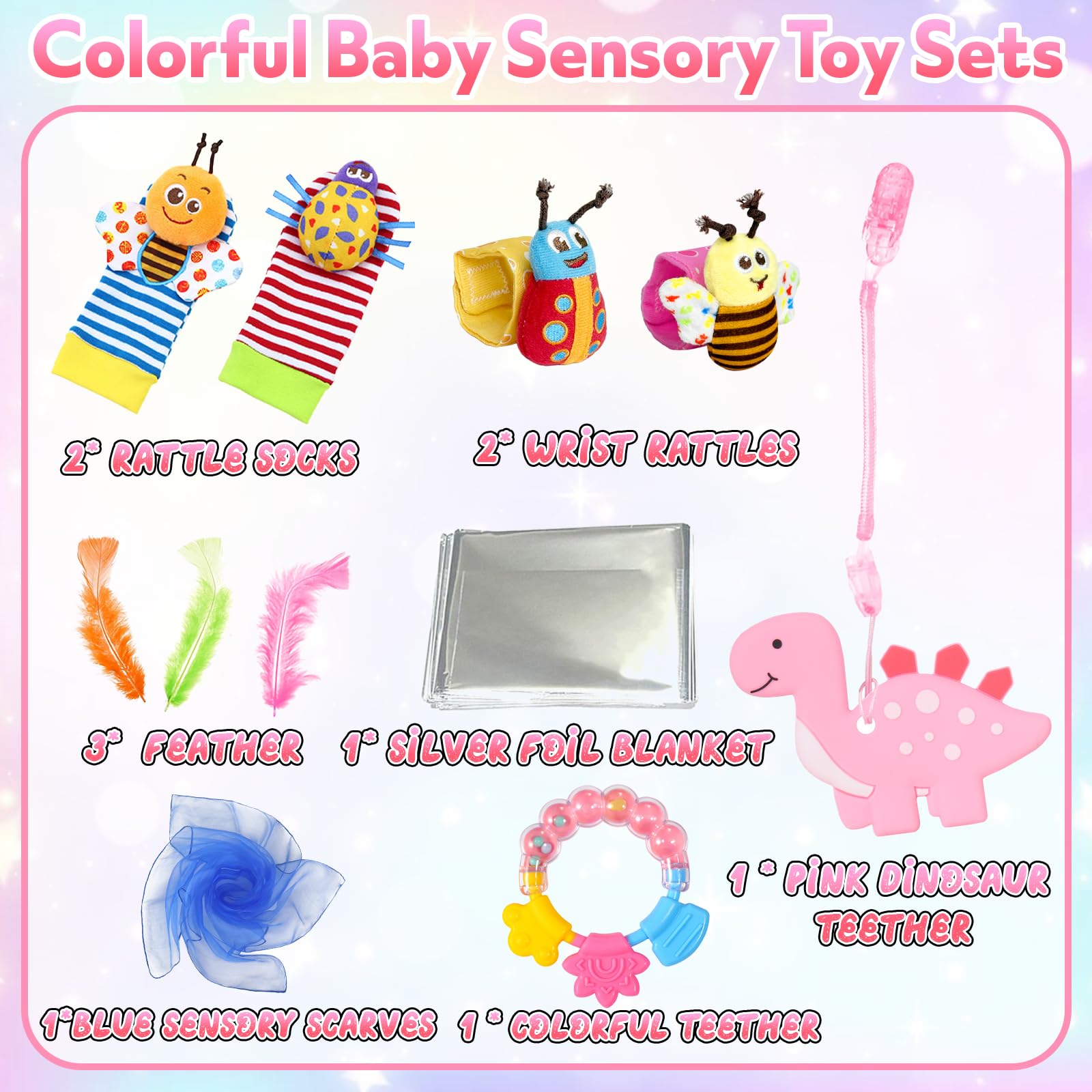 12 Pcs Baby Sensory Toy Set Sensory Foil Blanket Baby Wrist Rattles Rattle Socks Sensory Scarf Feathers for Babies Newborn Sensory Toy Scarf Feathers for 0 3 6 9 12 Months Early Learning Autism ADHD - Image 2