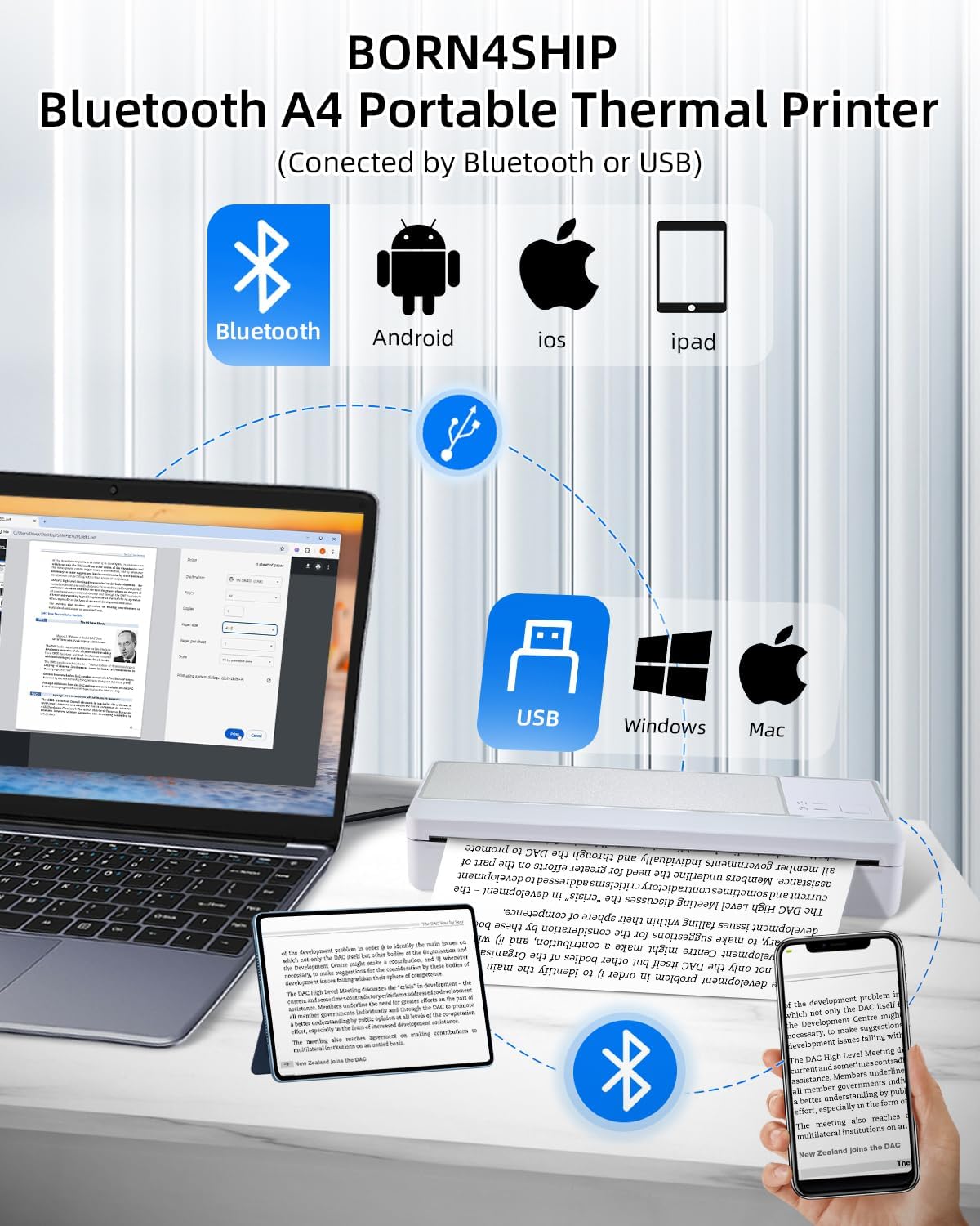 Portable Bluetooth Printer - Wireless Thermal Printer, Support Multi-Size Thermal Paper, Compatible with Android and iOS Phone & PC, 300DPI Inkless Printer for Travel, Office, School