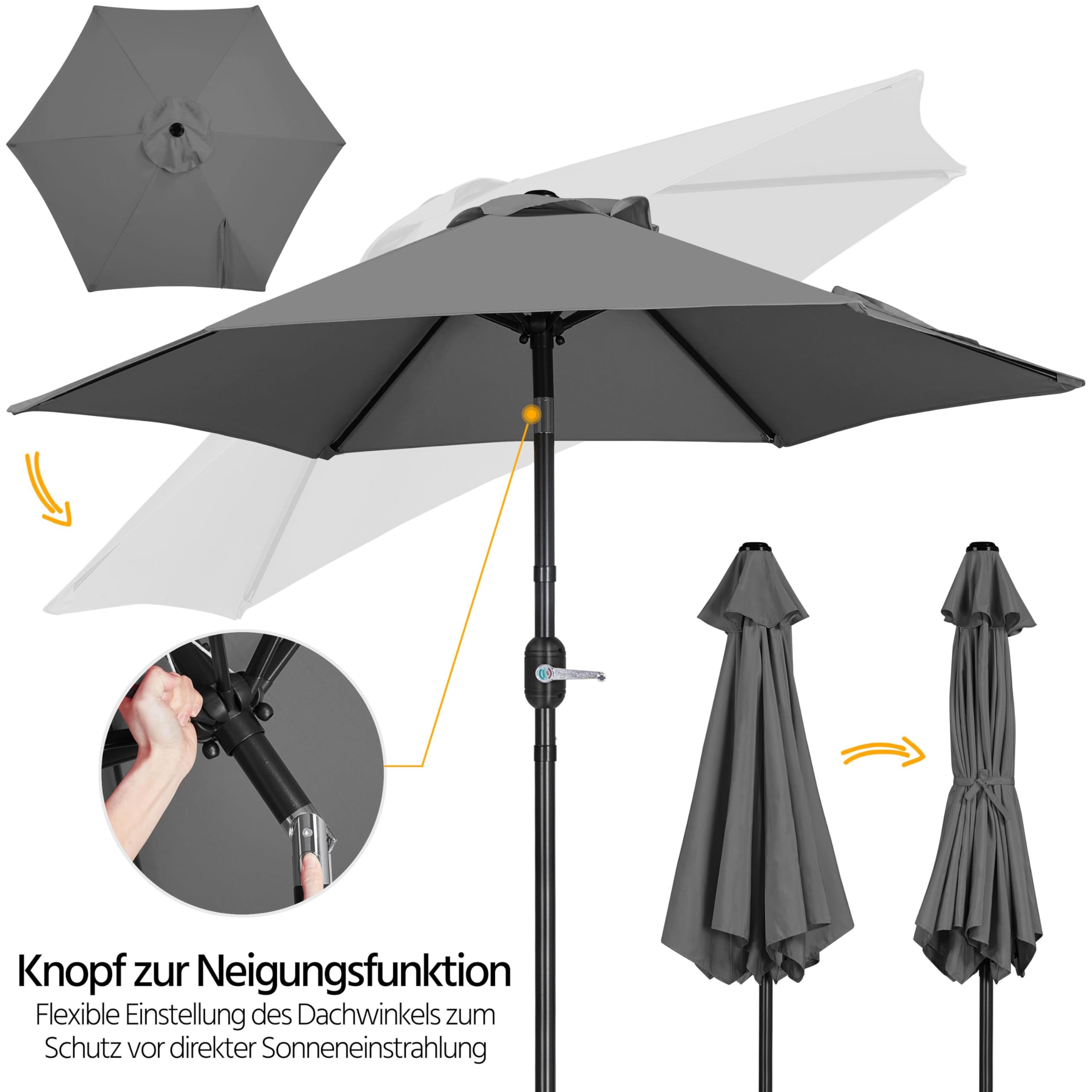 Yaheetech Sonnenschirm 226 cm Rund Gartenschirm mit Kurbel UV Schutz Terrassenschirm Neigbar Kippbar Kurbelschirm UPF 50+ für Balkon/Terrasse/Markt/Garten, ohne Ständer, Grau