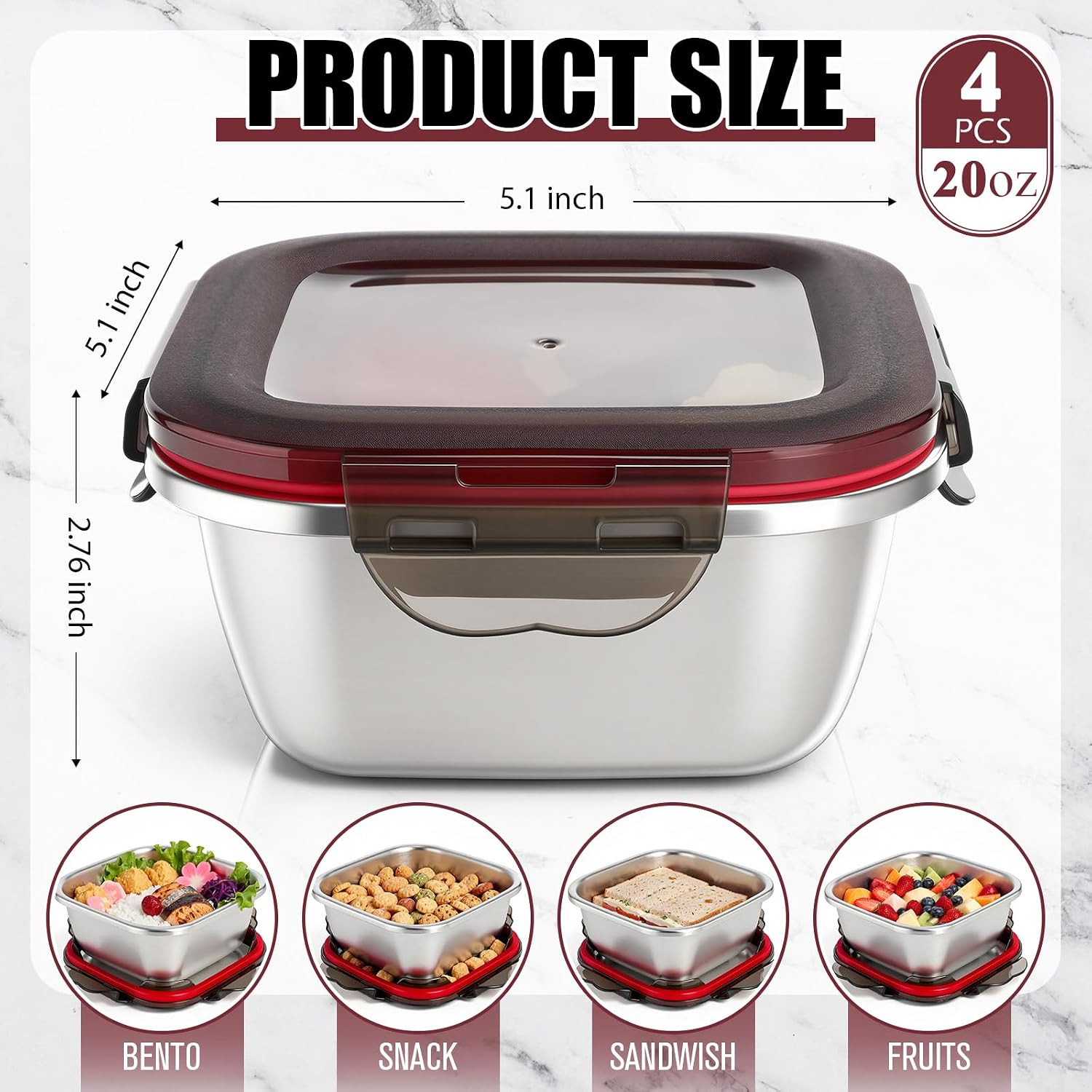 LemonRoad 4 Set Stainless Steel Sandwich Containers Bulk 20 oz Food Containers with Silicone Lids Reusable Sandwich Box Metal Lunch Boxes Snack Container for Families Office Dishwasher Safe