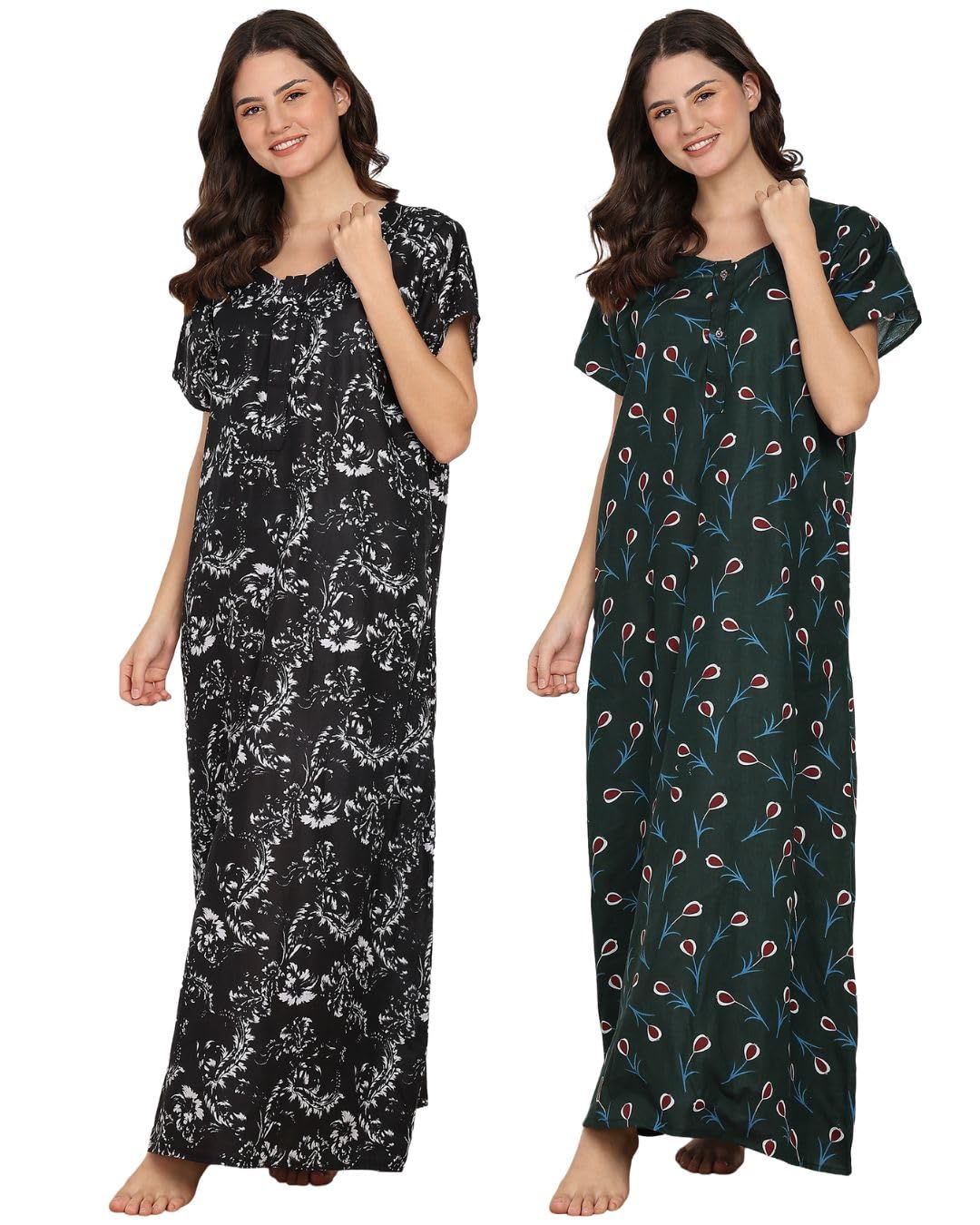 Women Cotton Nighty Combo Pack of 2 Free Size Printed Maxi Night Dress Soft Breathable Cotton Nightgown Short Sleeve Sleepwear House Dress for Women-image-40