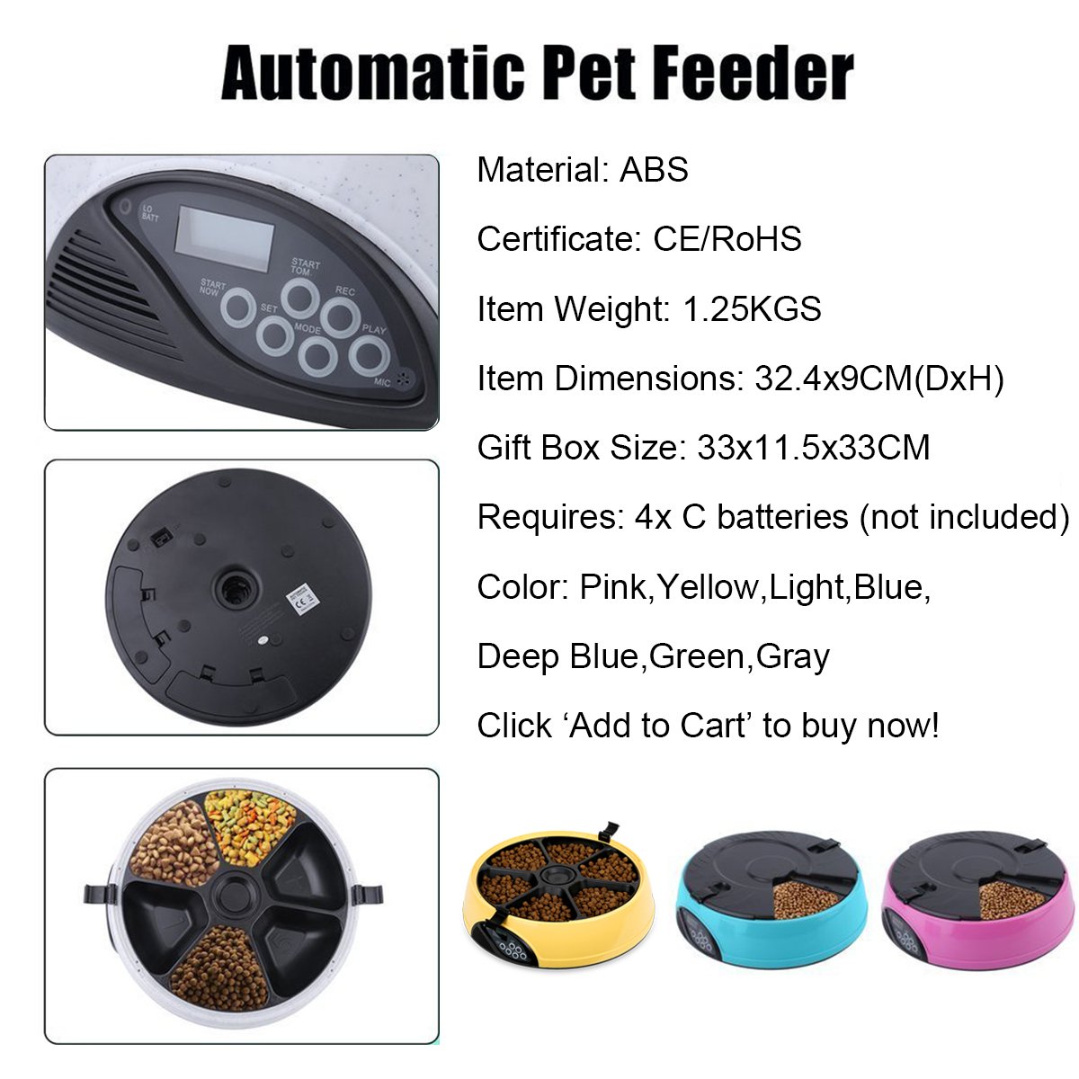 PETCUTE Comedero automático de gatos y dispensador de alimentos para mascotas con grabadora de voz (6 comidas / día programable) Blanco