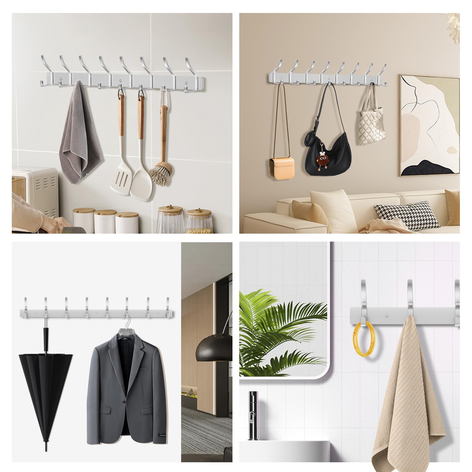 Garderobenhaken Edelstahl, Kleiderhaken Wand Jackenhalter, Schwerlast Garderobenleiste Wandgarderobe Hakenleiste Garderobe Wandhaken (Gebürstete Silber, 8 Haken 2 Stück)