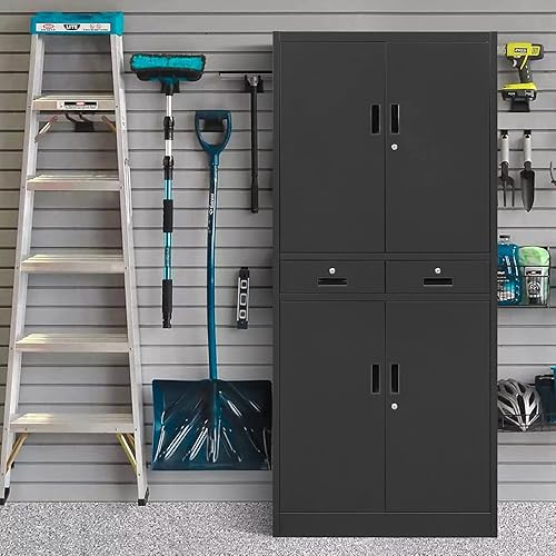 Miniatura 125 de Armario de almacenamiento de metal con puertas con cerradura y 2 estantes ajustables, gabinetes de metal de 71 pulgadas de alto, armarios de garaje,