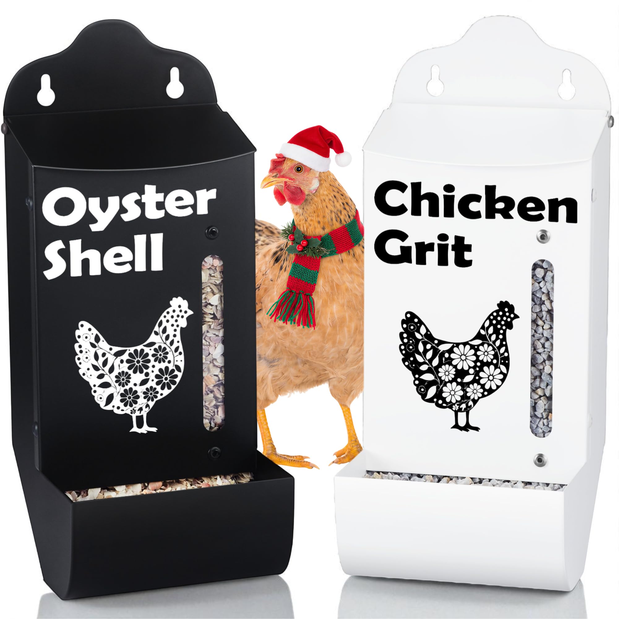 CluckRoots Chicken Grit and Oyster Shell Feeder Combo, No-Spill Weatherproof Heavy-Duty Design, Lift-Off Wall-Mounted Metal Dispenser w/View Window, Chicken Coop Accessories Gifts for Lovers Women