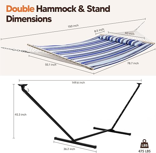 Miniatura 5 de SUNCREAT Hamaca doble para el patio trasero con luces solares para exteriores, capacidad de 475 libras, hamaca resistente autoportante con soporte