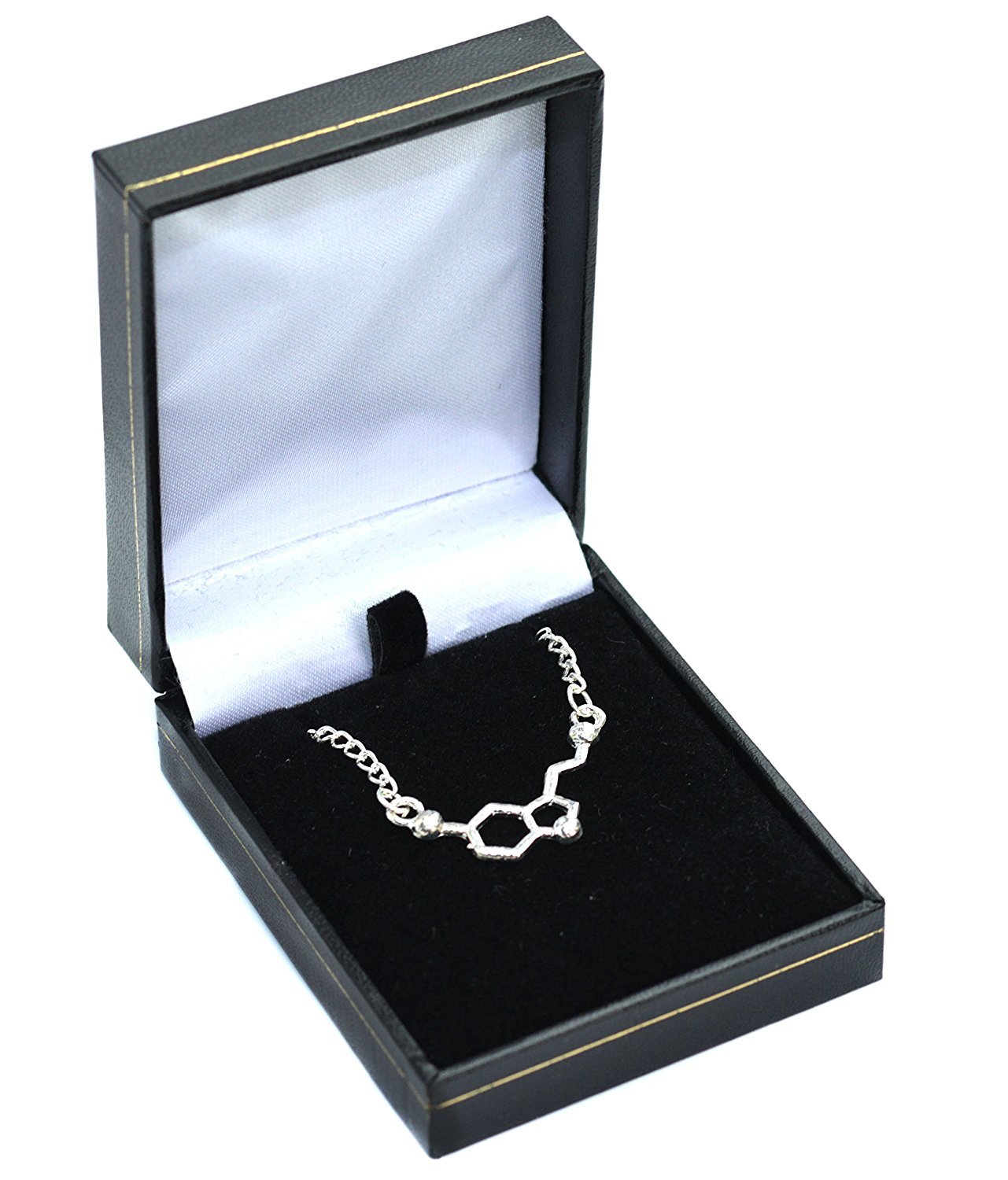 Collar plateado con colgante de serotonina, ADN, estructura química de molécula bioquímica, plateado, en caja de regalo
