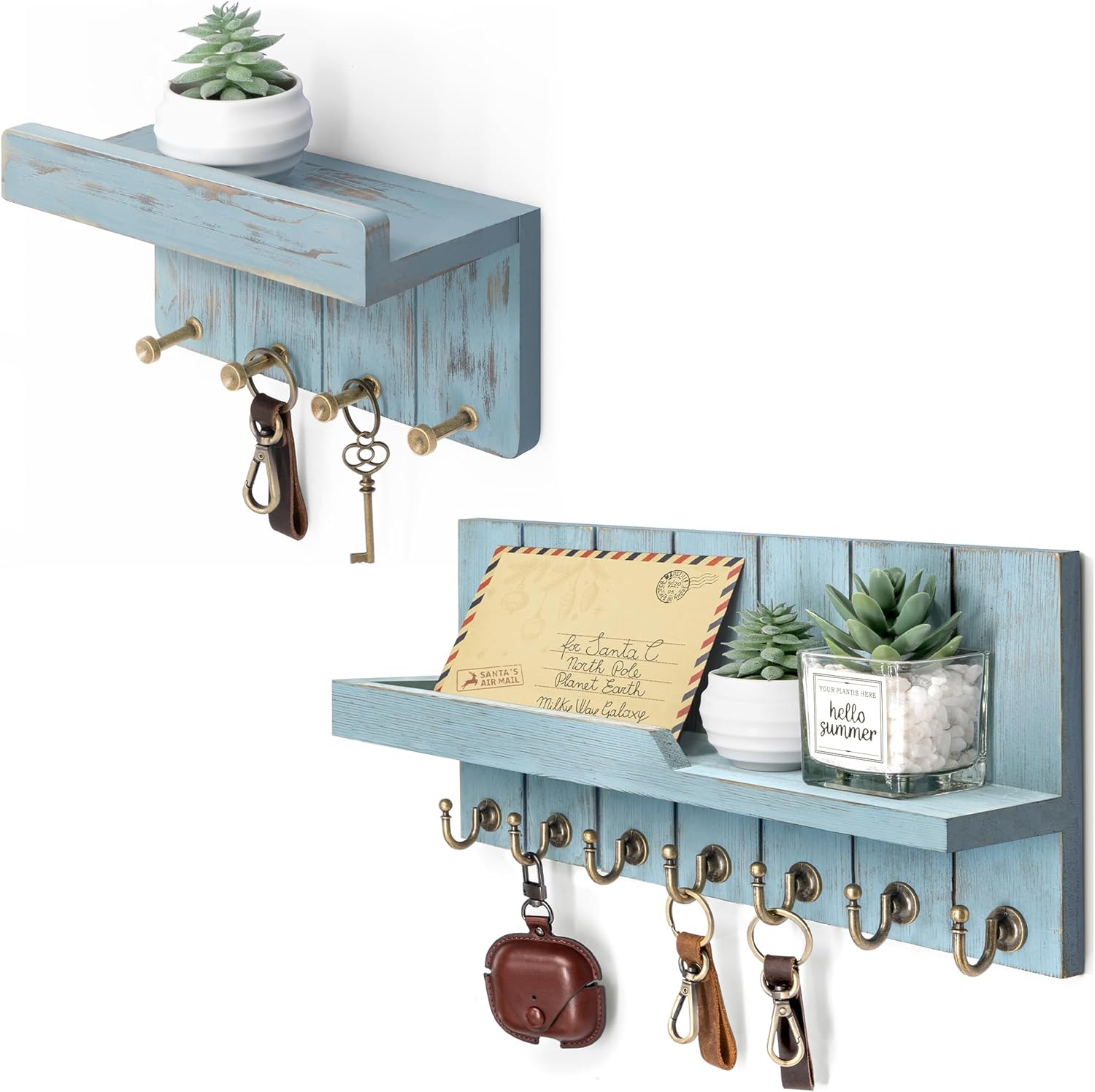 Rebee Vision Decorative Key Holder Wall Mount Set – Farmhouse Small Key Organizer with Small Shelf and Key Holder for Wall with Hooks – Apartment Essentials (Distressed Blue)