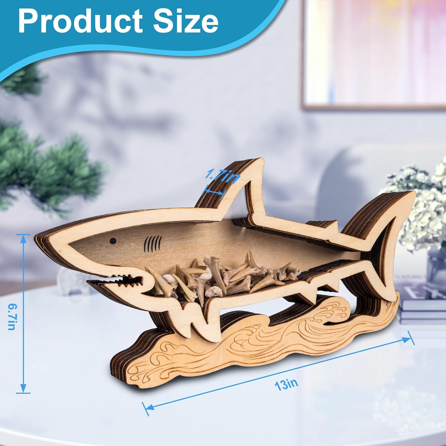 13 Inch Shark Tooth Display Case,Shark Teeth Shadow Box,Wooden Shark Teeth Holder Display,Megalodon Tooth Display for Collectors Perfect for Beach Decor and Shark Gifts