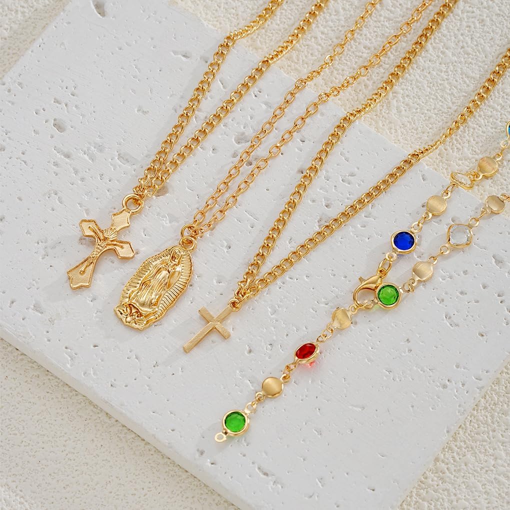 Gold Stacked Cross Lariat Necklace for Women Vintage Layered Cross Virgin Mary Colorful Crystal Y Necklace Dainty Cocktail Party Jewelry - Image 5
