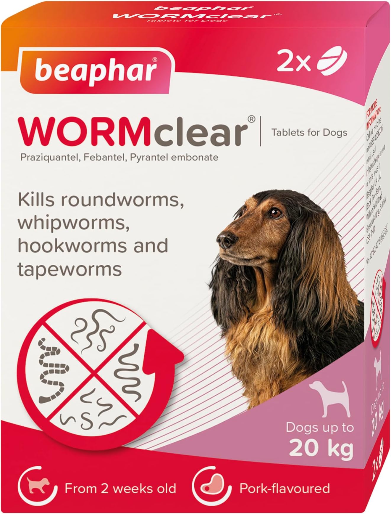 WORMclear® Tablets for Dogs up to 20kg - 2 Tablets - Kills All Common UK Intestinal Worms (Roundworms & Tapeworms) - Vet Strength Wormer - Pork-Flavoured - For dogs over 2 weeks old & 3kg