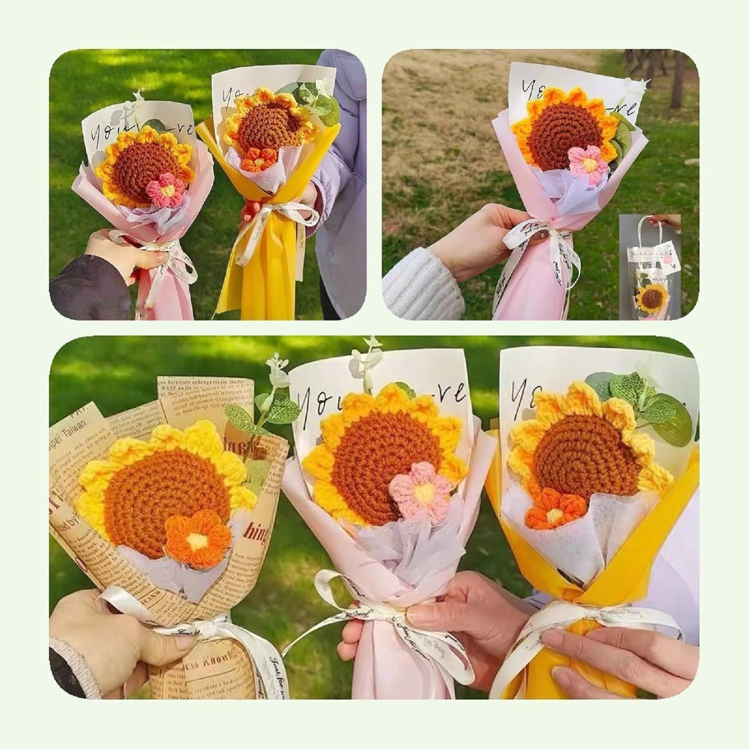 3pcs Cute Crochet Sunflower Bouquet, Knitted Flowers Bouquet, Knitted Sunflowers with Package Thank You Gift Card Gift for Mother Father Friend Birthday Teacher’s Day (3pcs Single Sunflower)